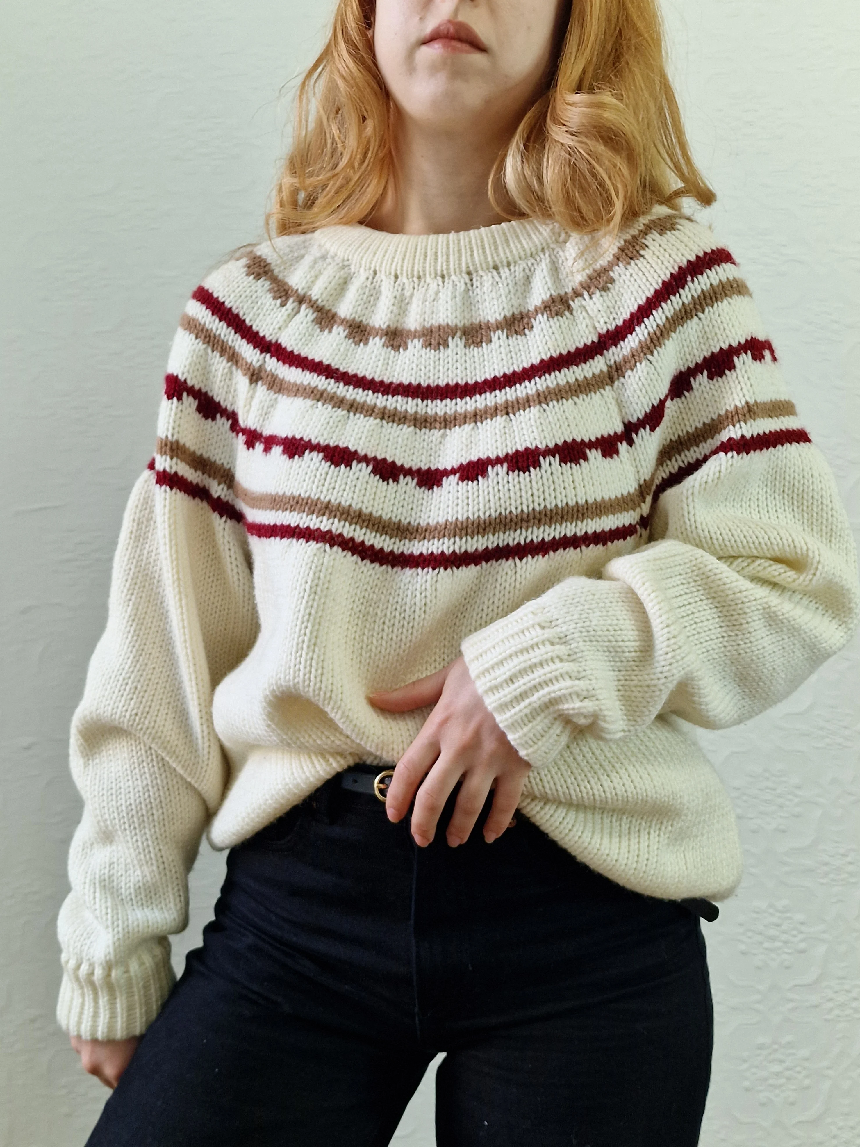 Vintage 80s Cream Icelandic Style Jumper with Crew Neck - L - Image 8