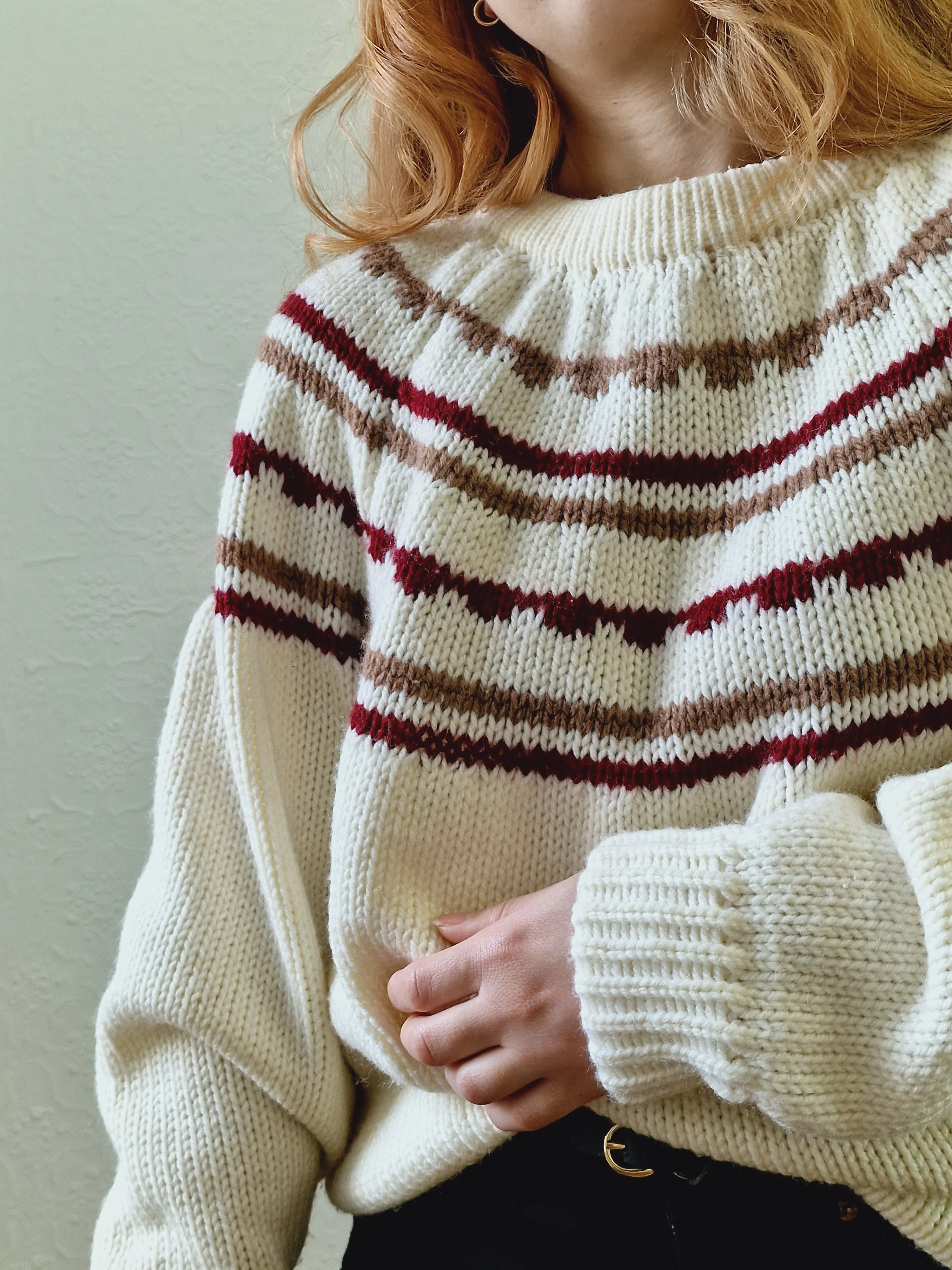 Vintage 80s Cream Icelandic Style Jumper with Crew Neck - L - Image 9