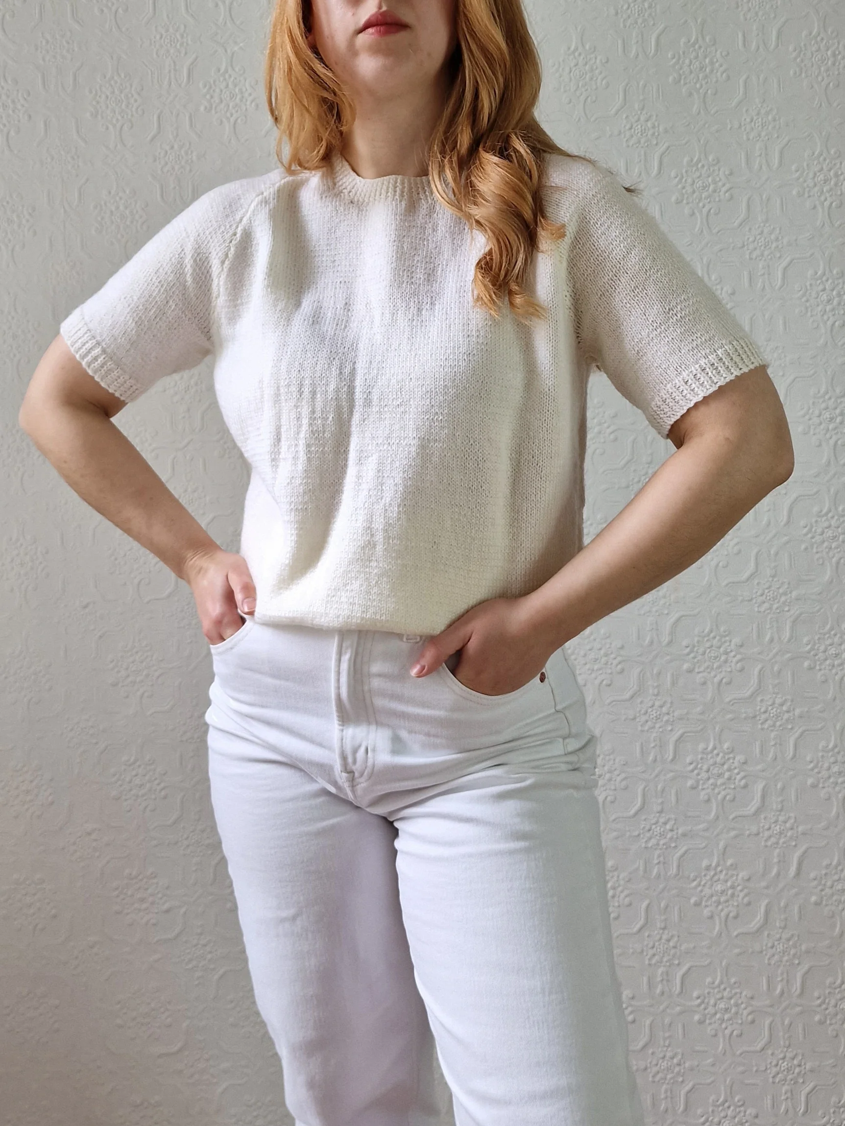 Vintage 80s Cream Round Neck Handknitted Jumper Top with Short Sleeves - S/M