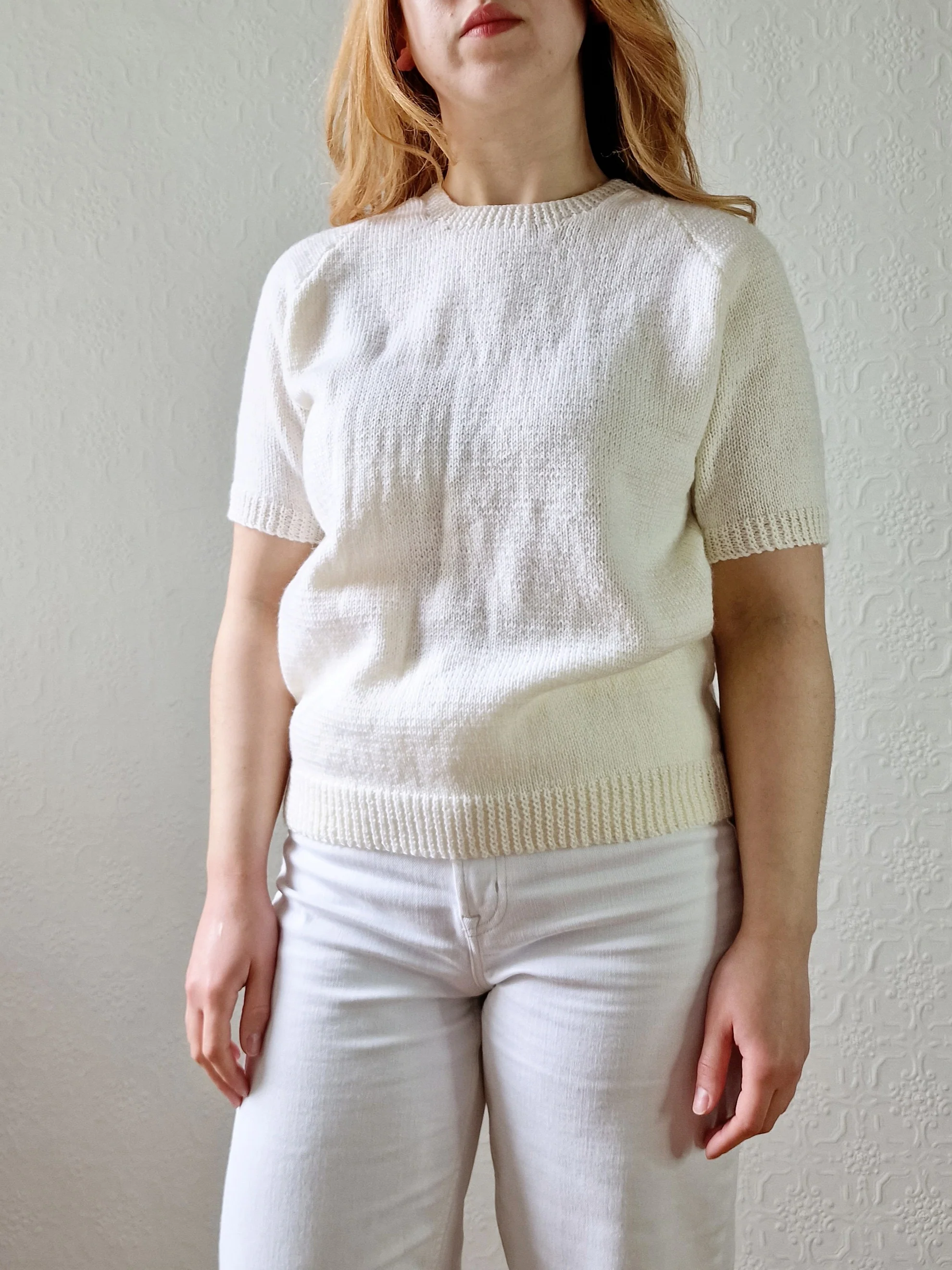 Vintage 80s Cream Round Neck Handknitted Jumper Top with Short Sleeves - S/M - Image 2