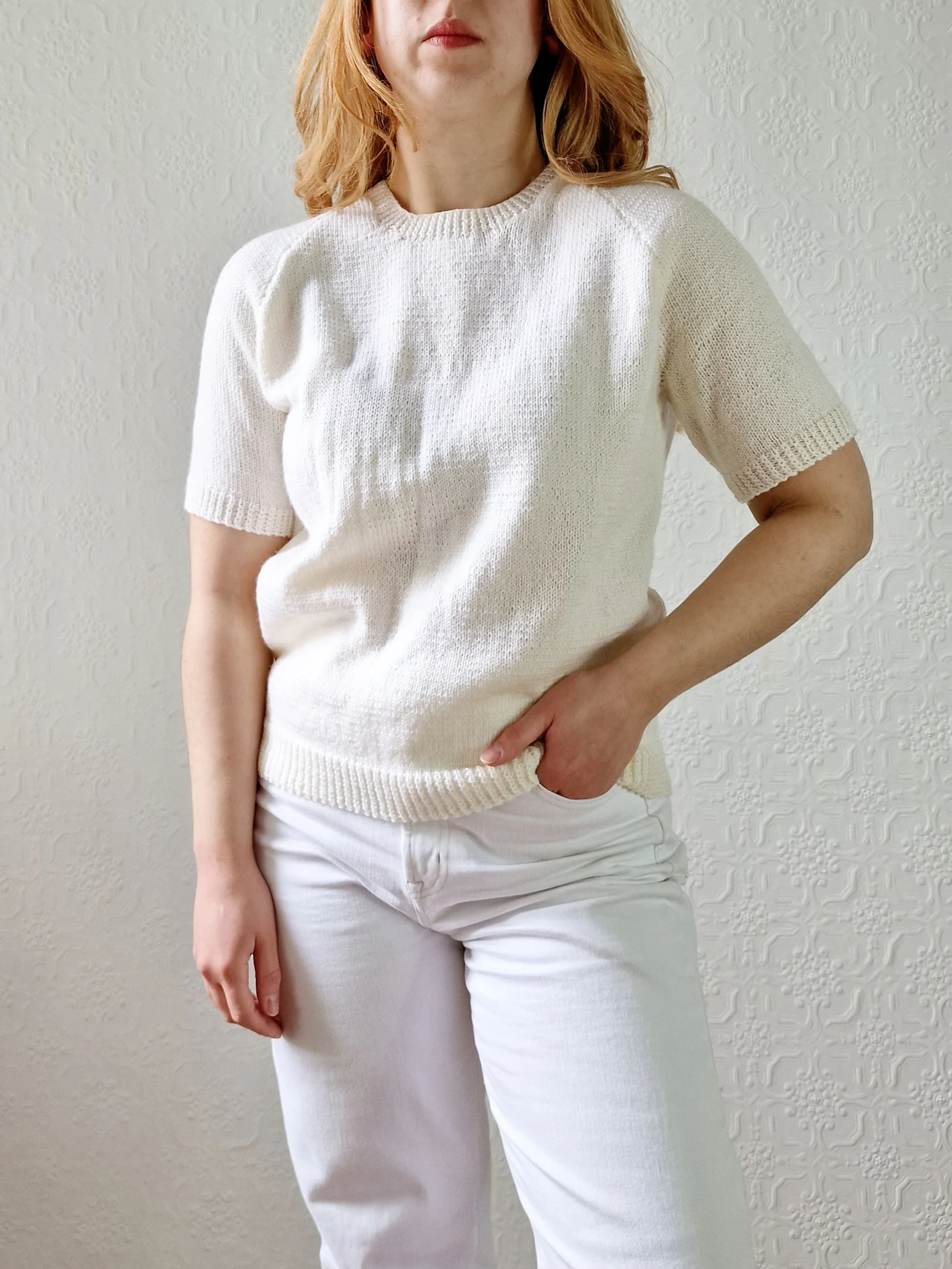 Vintage 80s Cream Round Neck Handknitted Jumper Top with Short Sleeves - S/M - Image 4