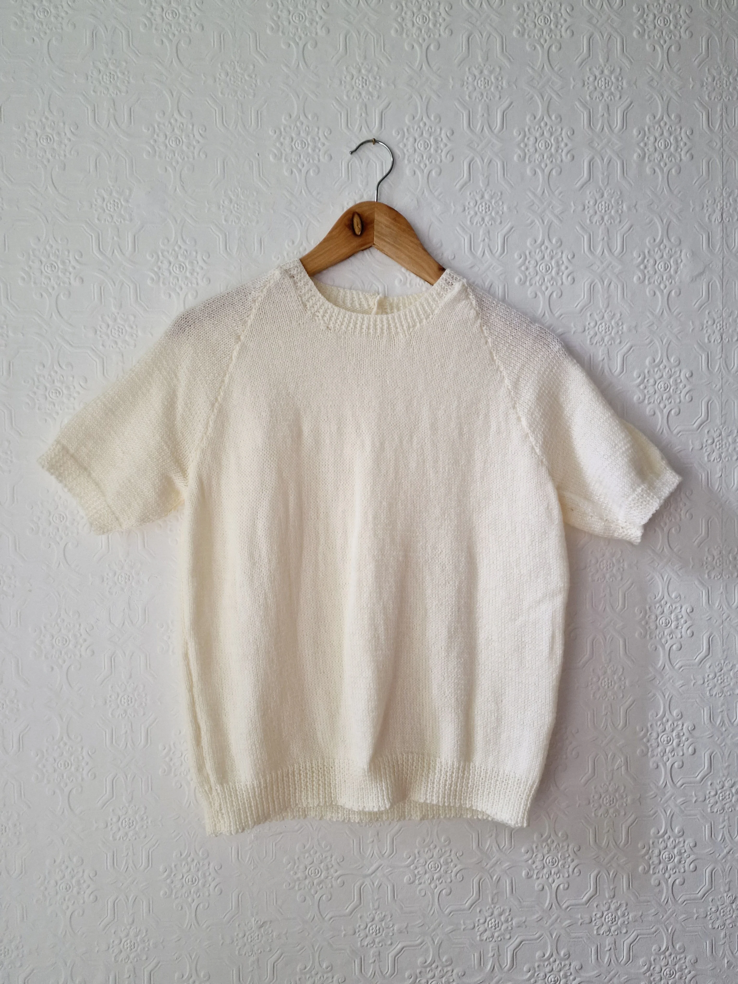 Vintage 80s Cream Round Neck Handknitted Jumper Top with Short Sleeves - S/M - Image 5
