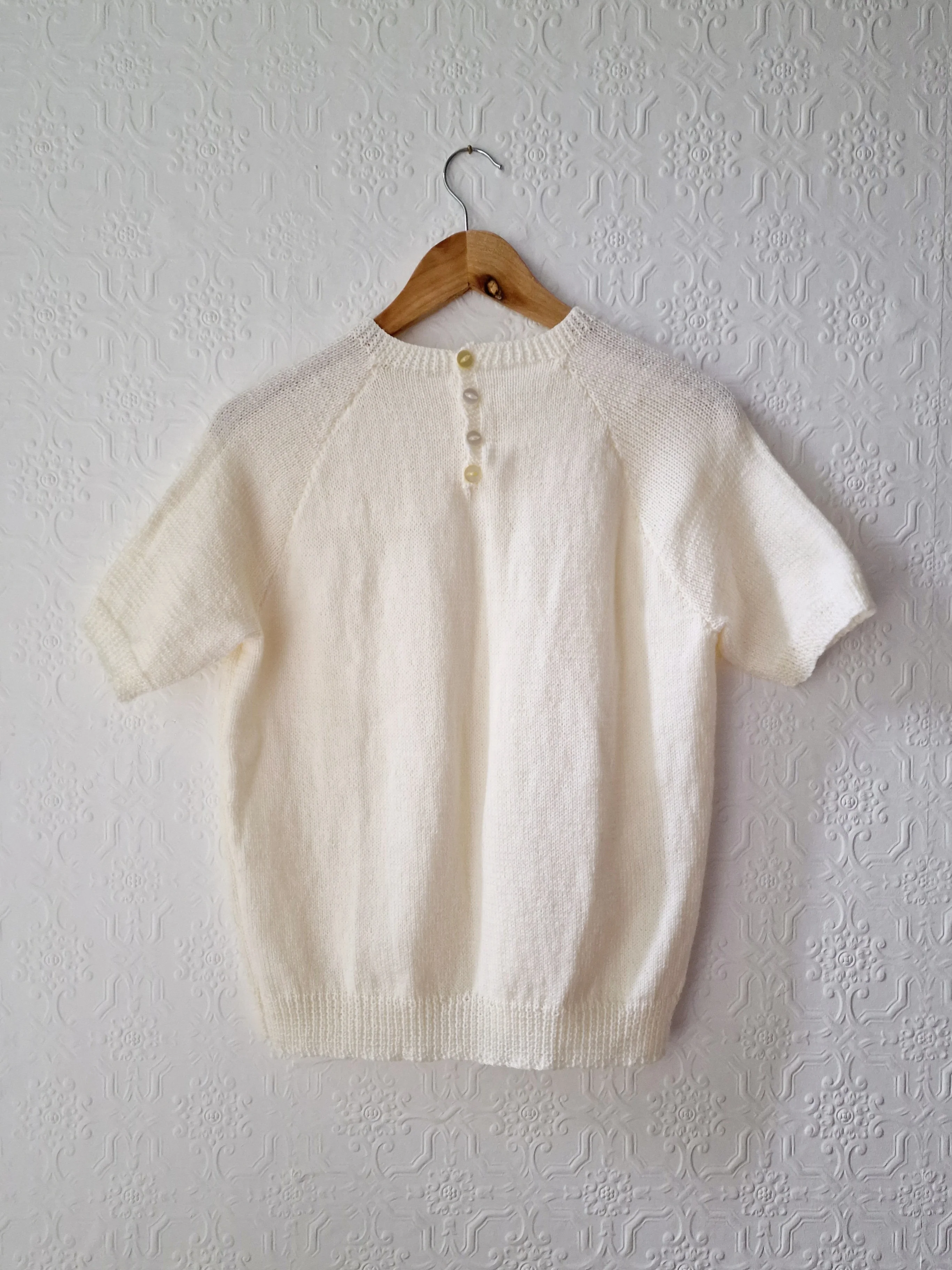 Vintage 80s Cream Round Neck Handknitted Jumper Top with Short Sleeves - S/M - Image 6