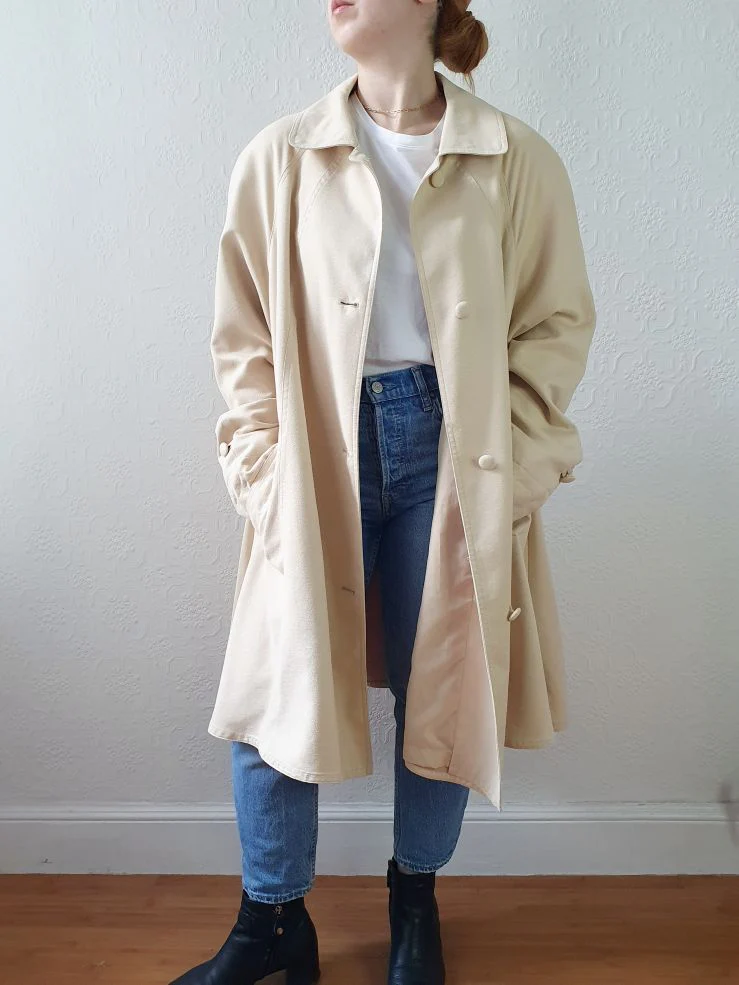 Vintage 80s Cream Single Breasted Lightweight Trench Coat - L/XL - Image 2