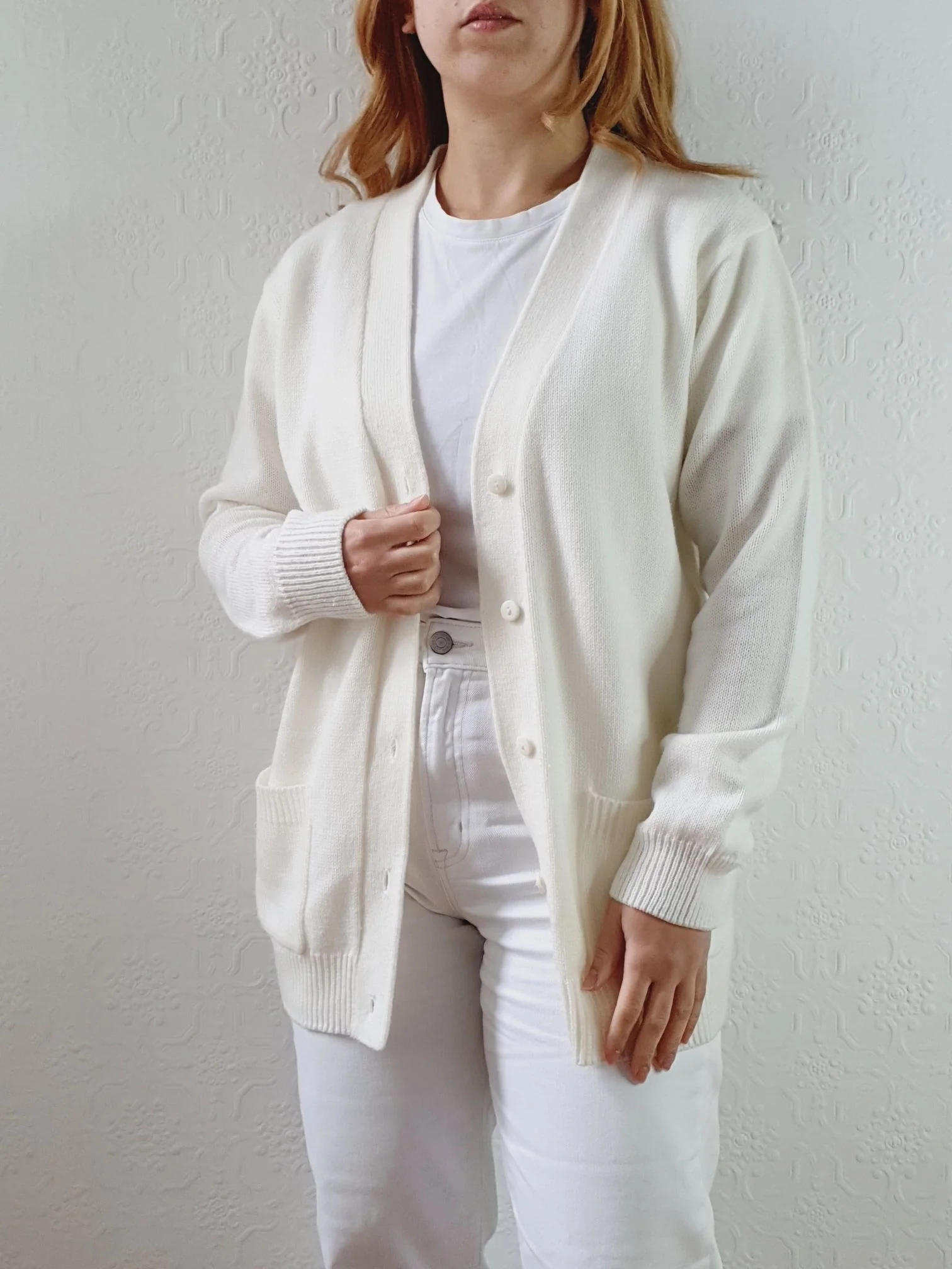 Vintage 80s Cream V-Neck Cardigan - M - Image 2