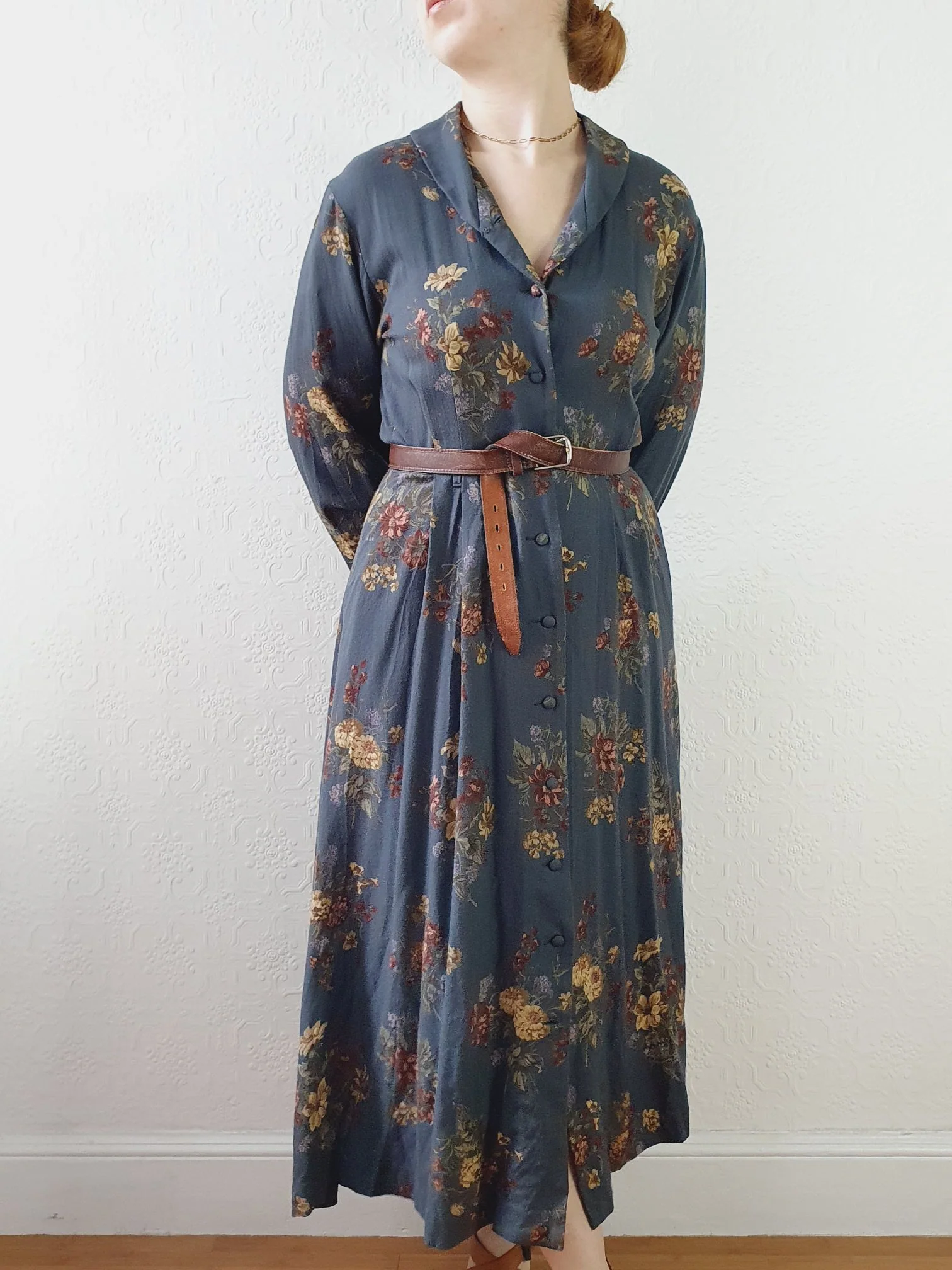 Vintage 80s Dark Blue Grey Floral Dress with Long Sleeves - M - Image 10