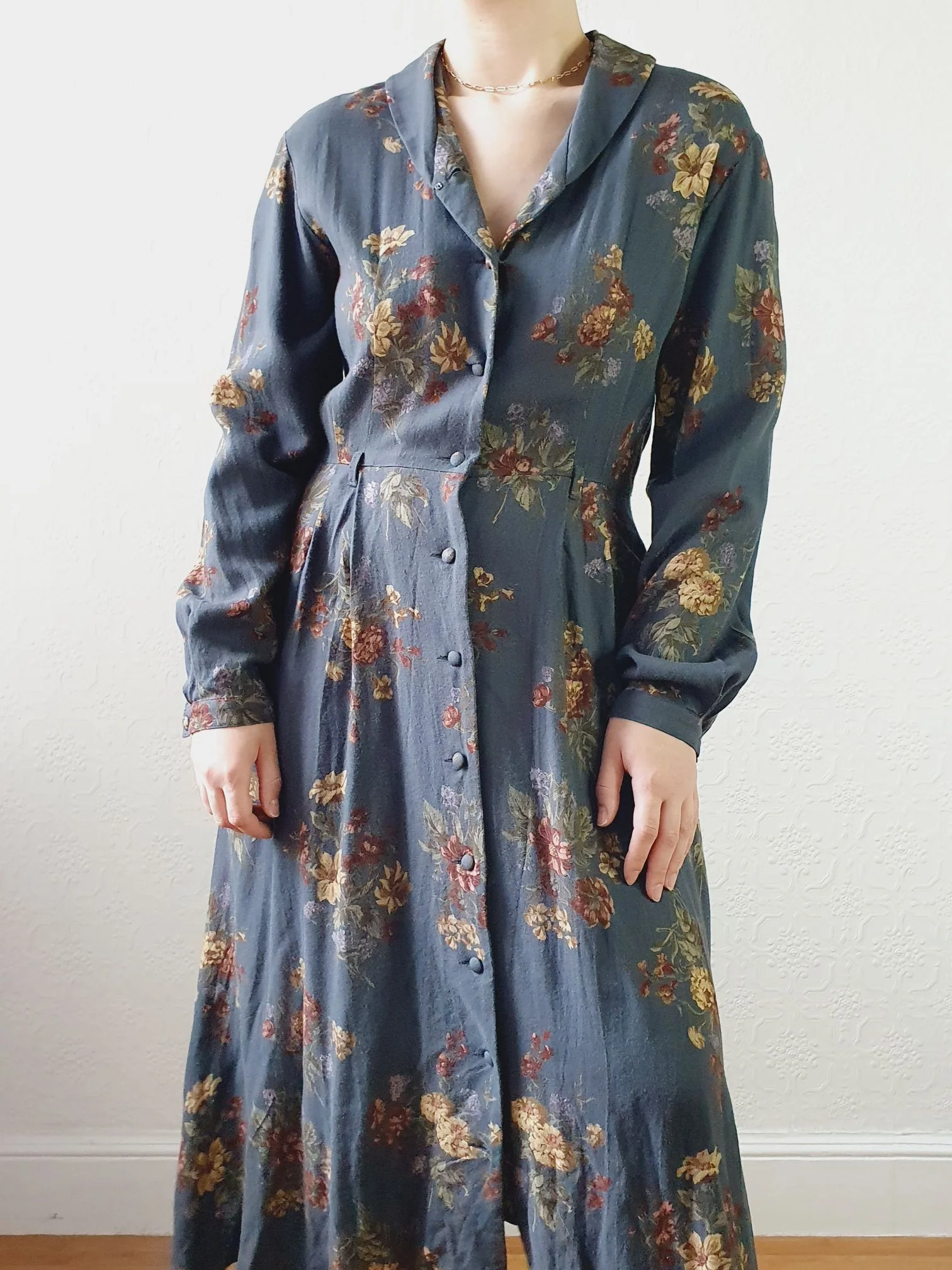 Vintage 80s Dark Blue Grey Floral Dress with Long Sleeves - M - Image 11
