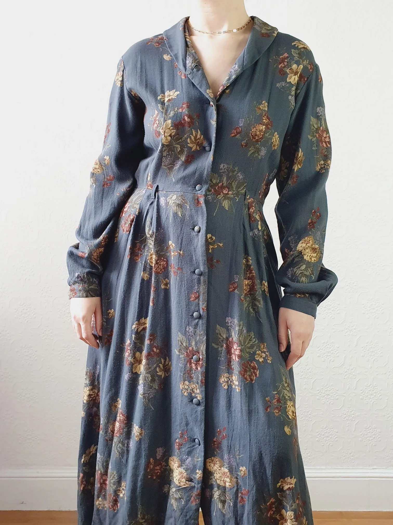 Vintage 80s Dark Blue Grey Floral Dress with Long Sleeves - M - Image 12