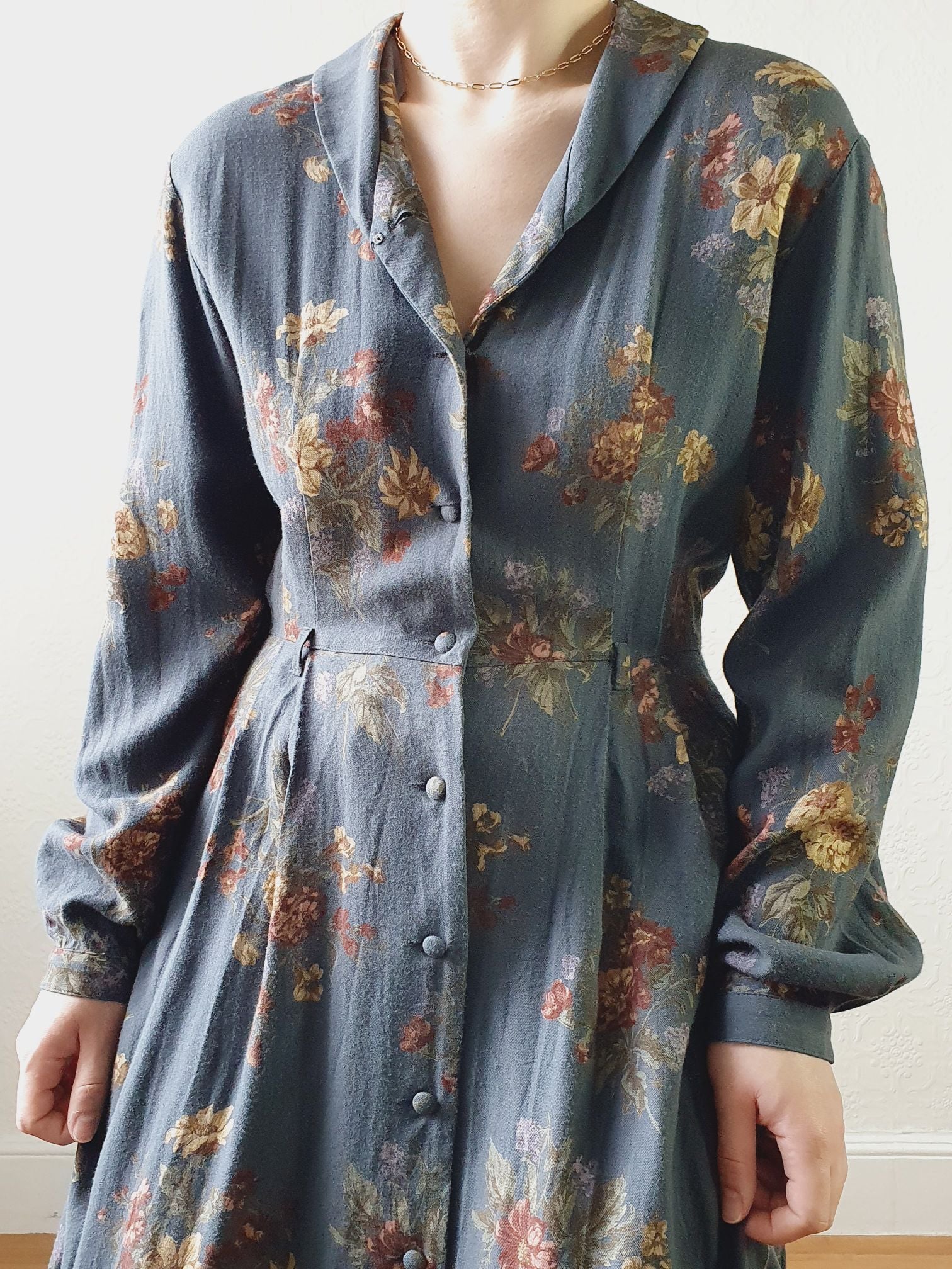 Vintage 80s Dark Blue Grey Floral Dress with Long Sleeves - M - Image 13