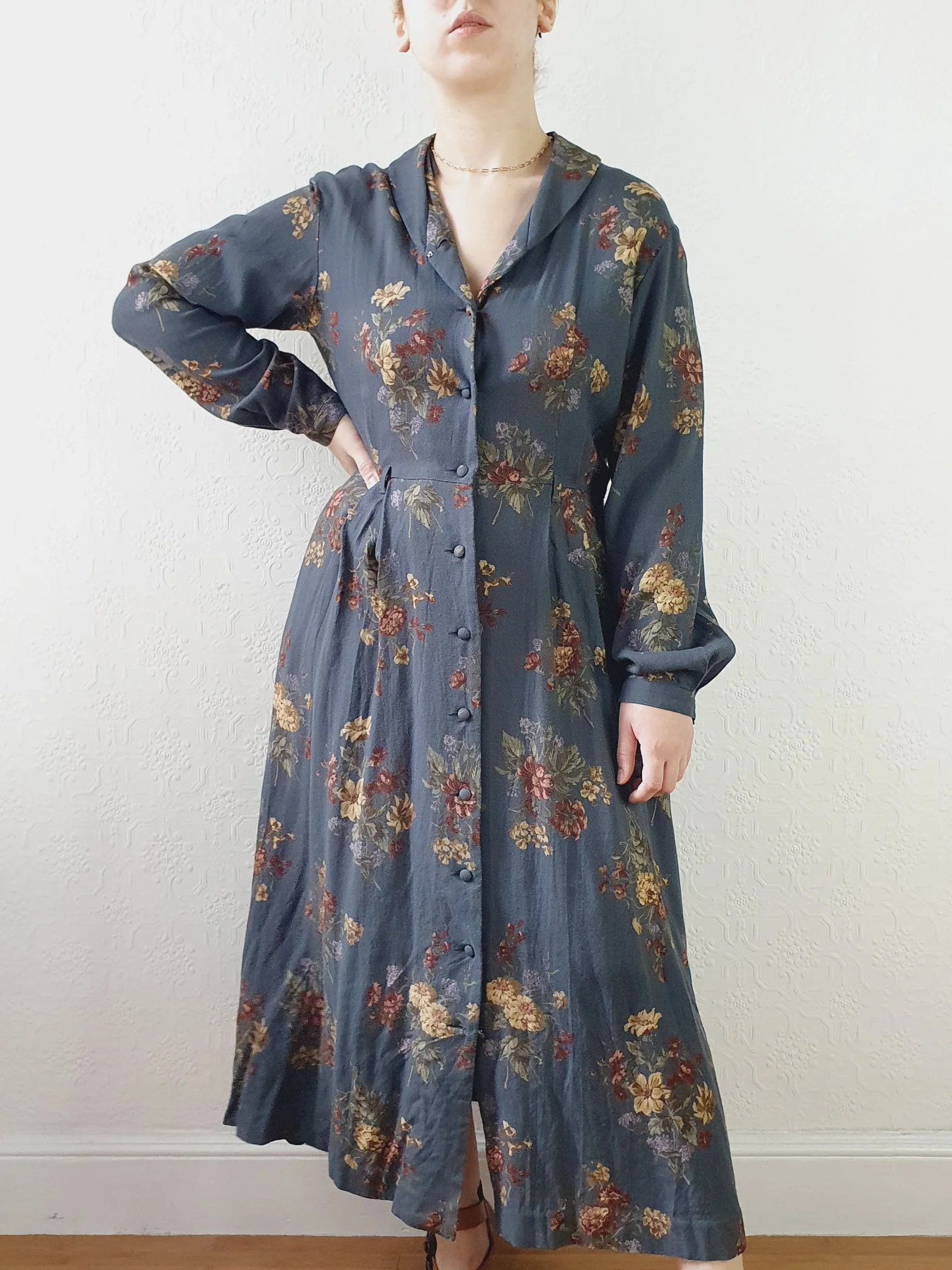 Vintage 80s Dark Blue Grey Floral Dress with Long Sleeves - M - Image 14