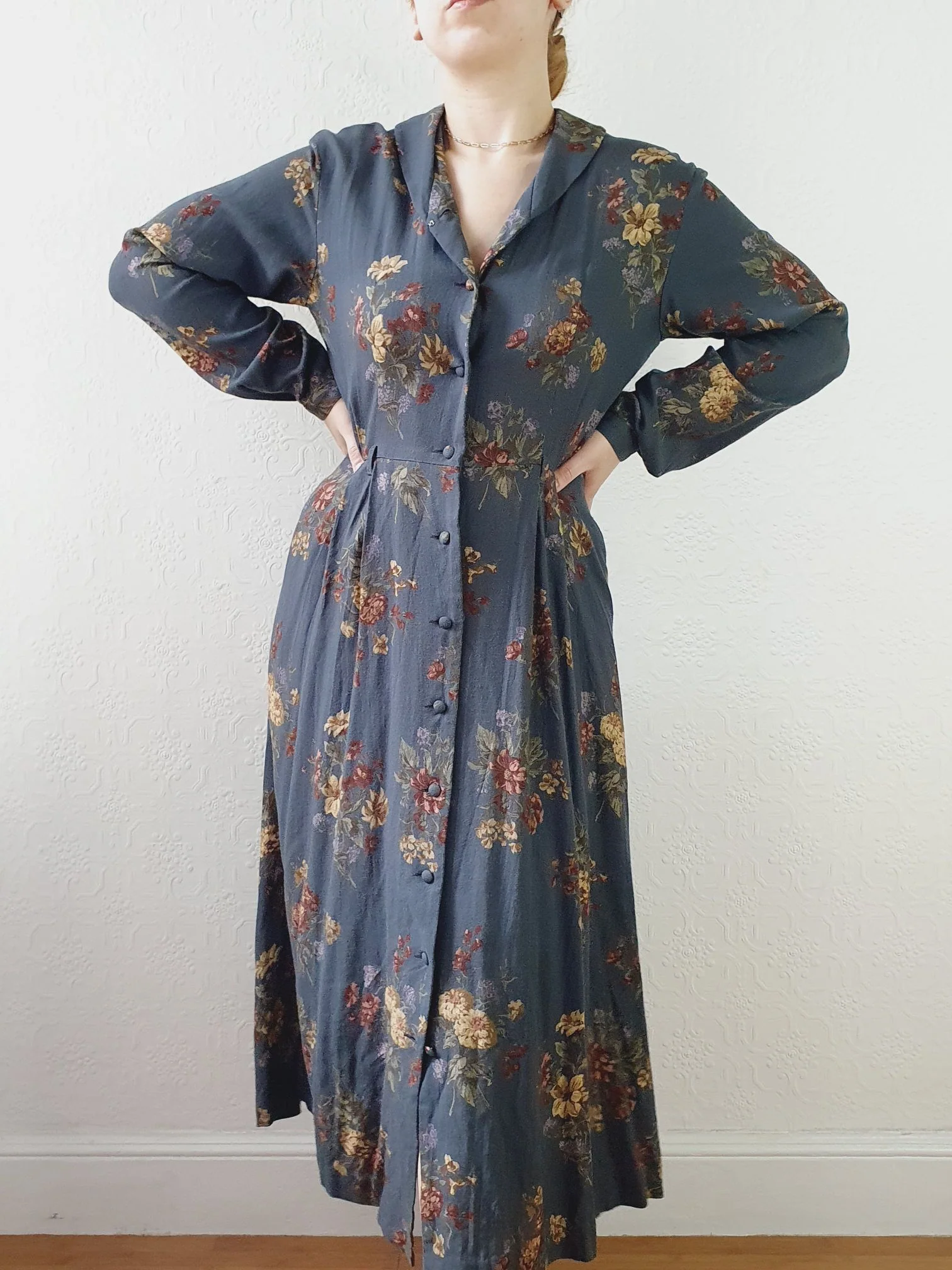Vintage 80s Dark Blue Grey Floral Dress with Long Sleeves - M - Image 15