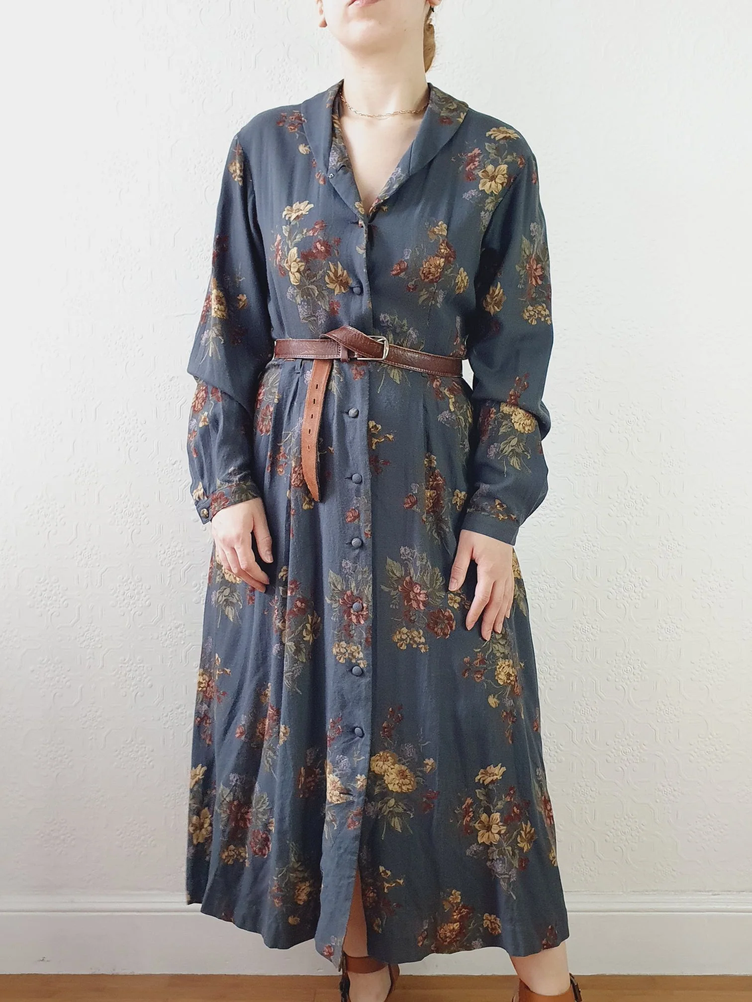 Vintage 80s Dark Blue Grey Floral Dress with Long Sleeves - M - Image 2