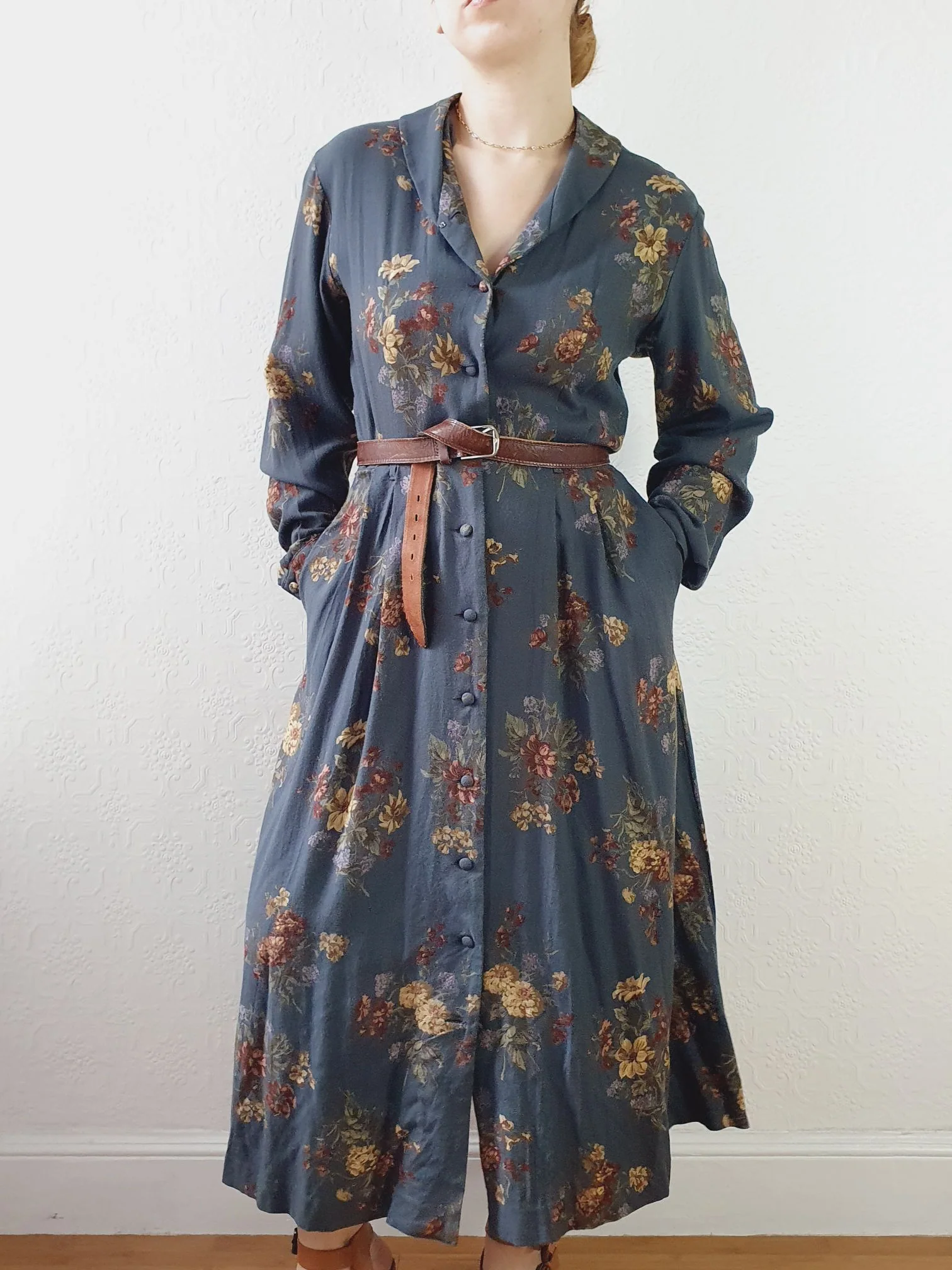 Vintage 80s Dark Blue Grey Floral Dress with Long Sleeves - M - Image 3