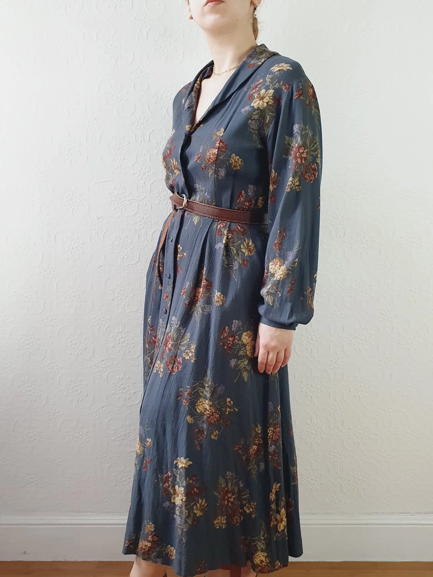 Vintage 80s Dark Blue Grey Floral Dress with Long Sleeves - M - Image 4