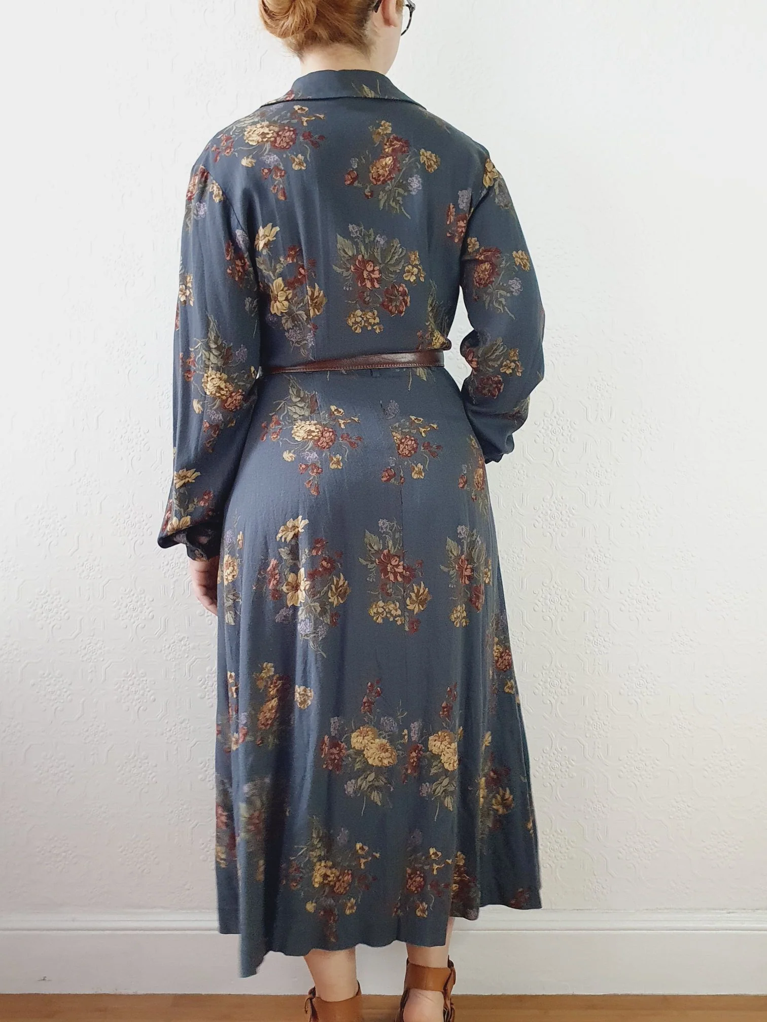 Vintage 80s Dark Blue Grey Floral Dress with Long Sleeves - M - Image 5