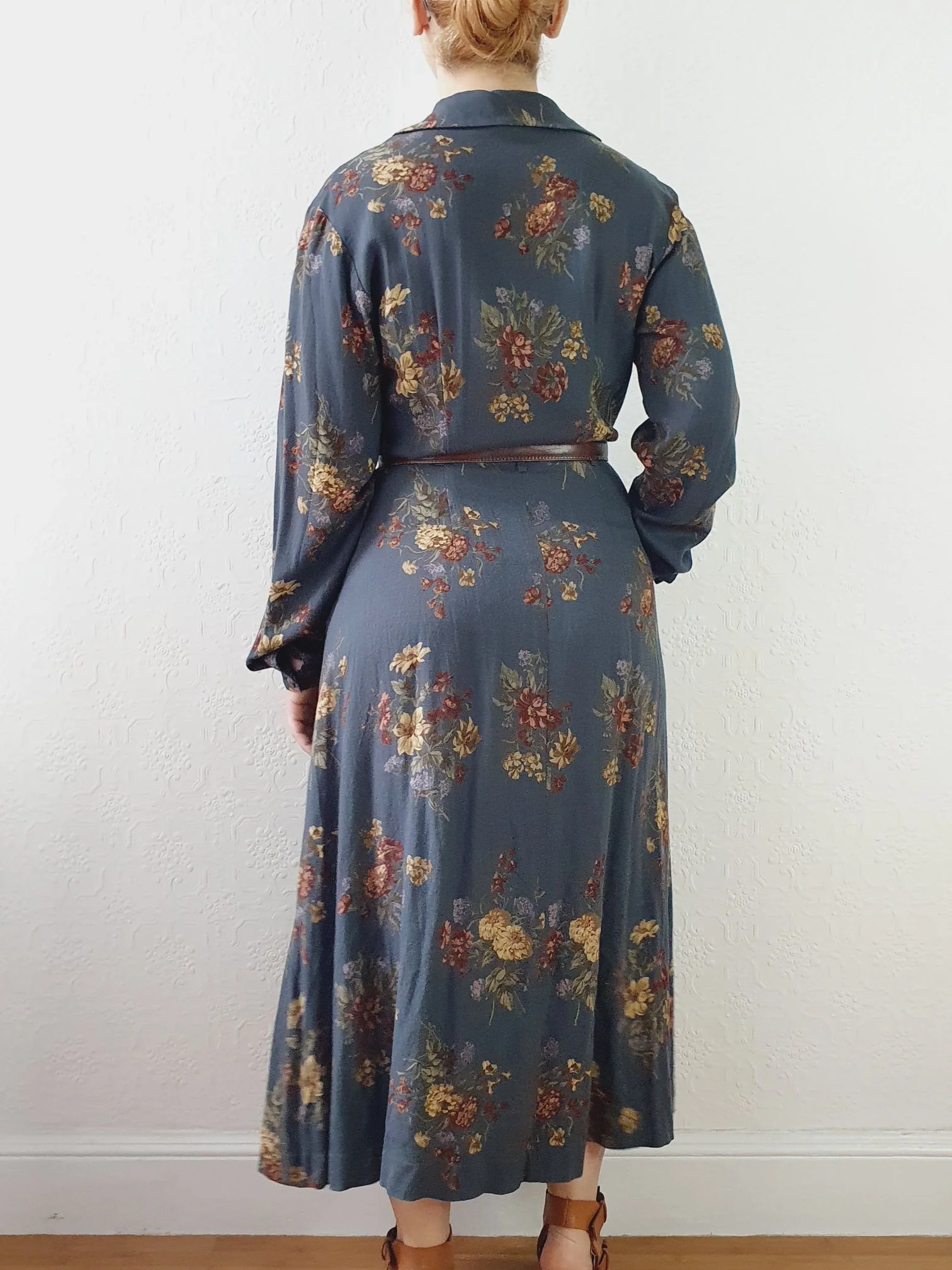 Vintage 80s Dark Blue Grey Floral Dress with Long Sleeves - M - Image 6