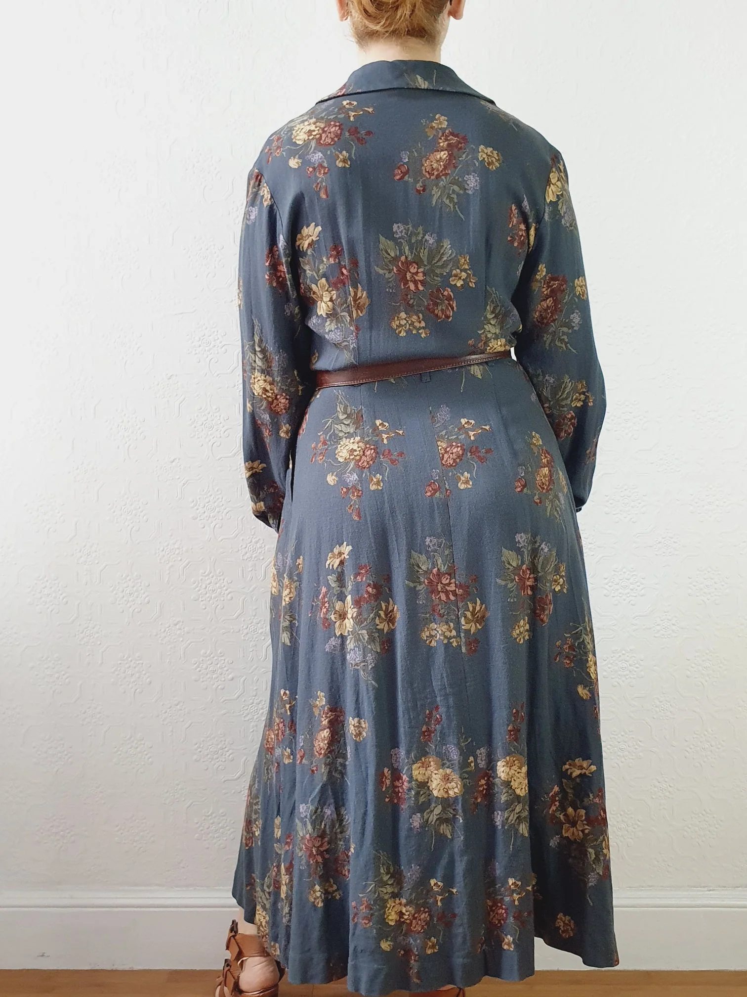 Vintage 80s Dark Blue Grey Floral Dress with Long Sleeves - M - Image 7