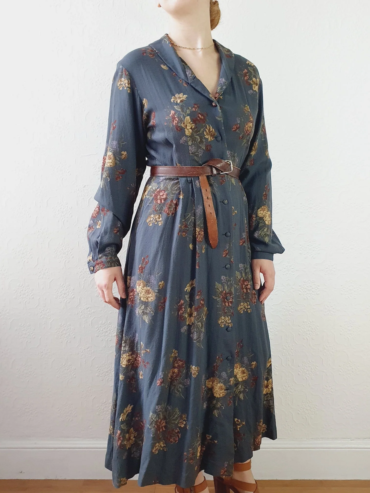 Vintage 80s Dark Blue Grey Floral Dress with Long Sleeves - M - Image 8