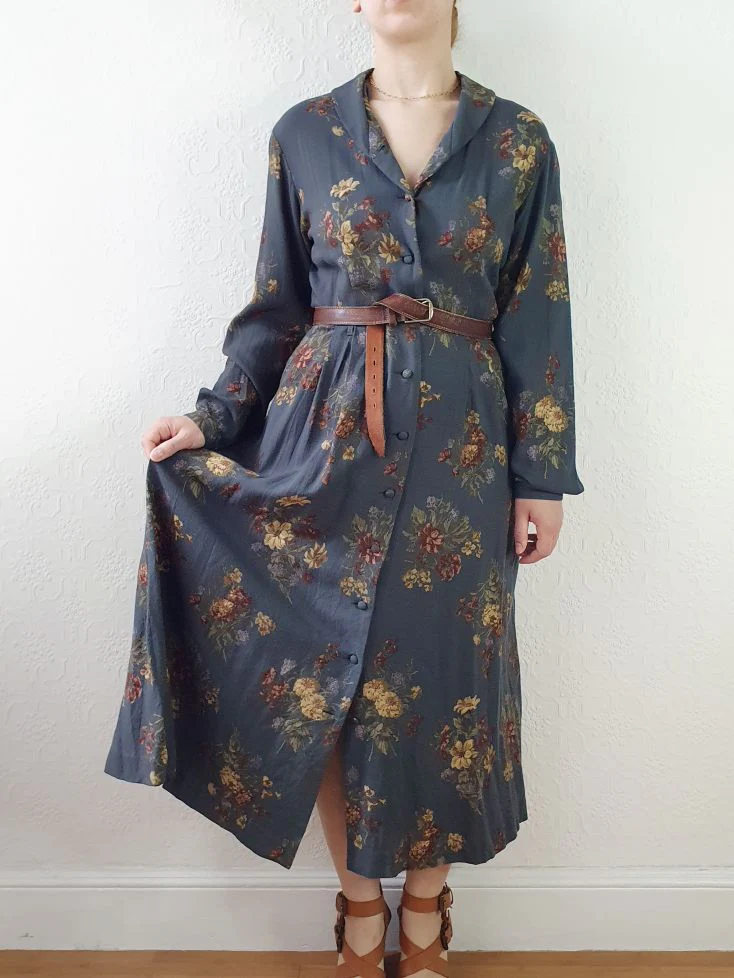 Vintage 80s Dark Blue Grey Floral Dress with Long Sleeves - M - Image 9