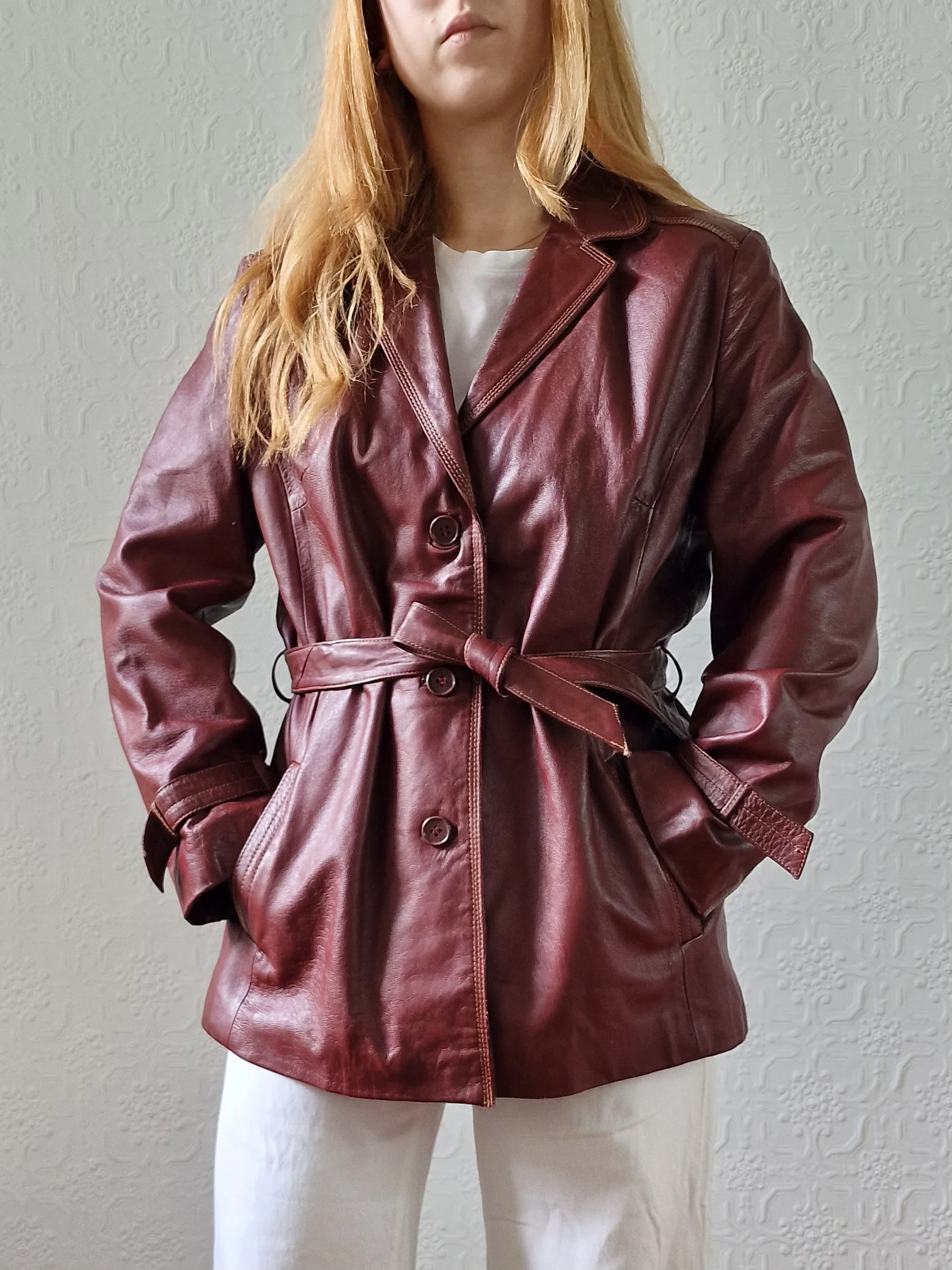 Vintage 80s Dark Cherry Red Genuine Leather Jacket with Belt - M - Image 2