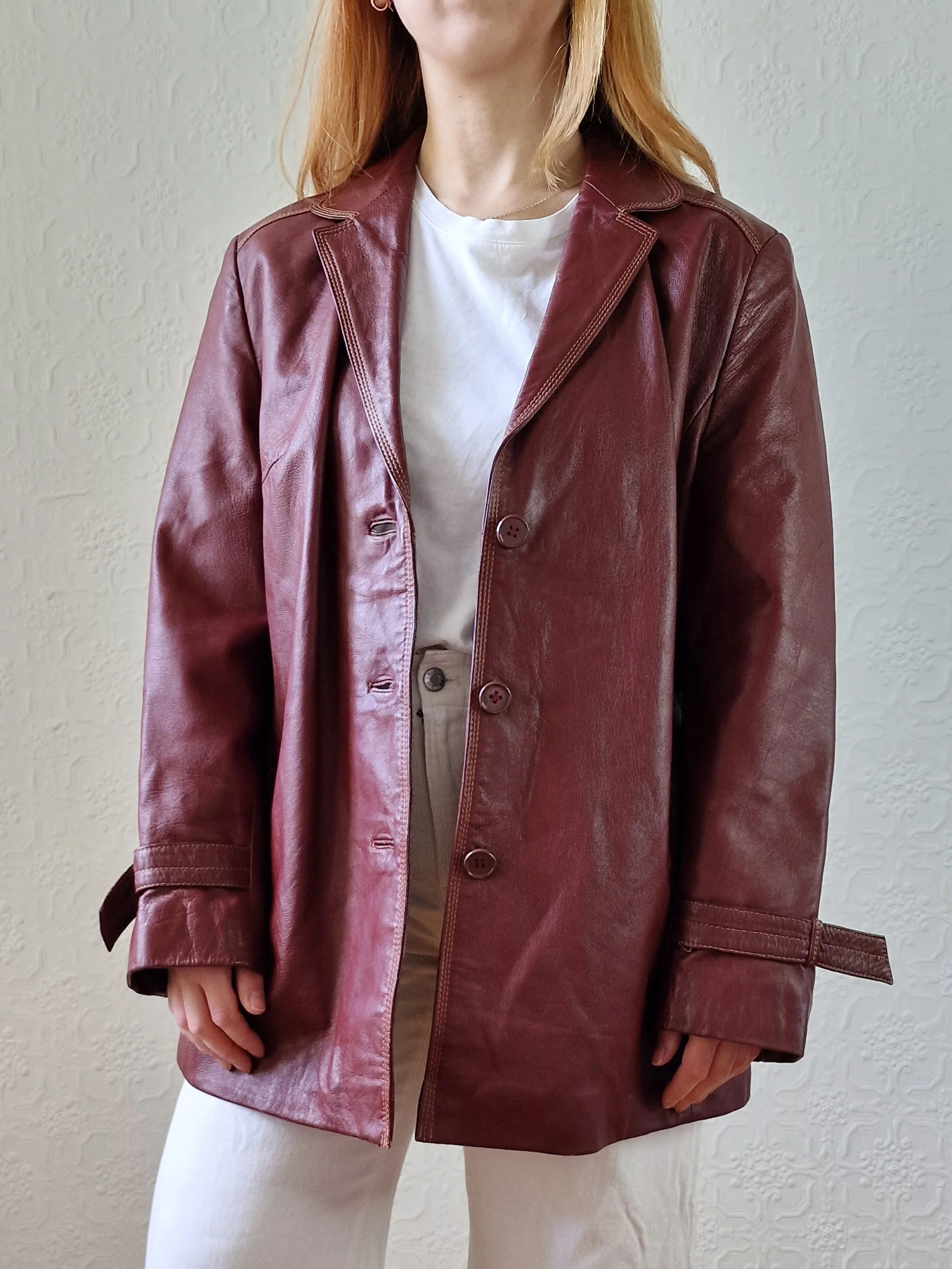 Vintage 80s Dark Cherry Red Genuine Leather Jacket with Belt - M - Image 3