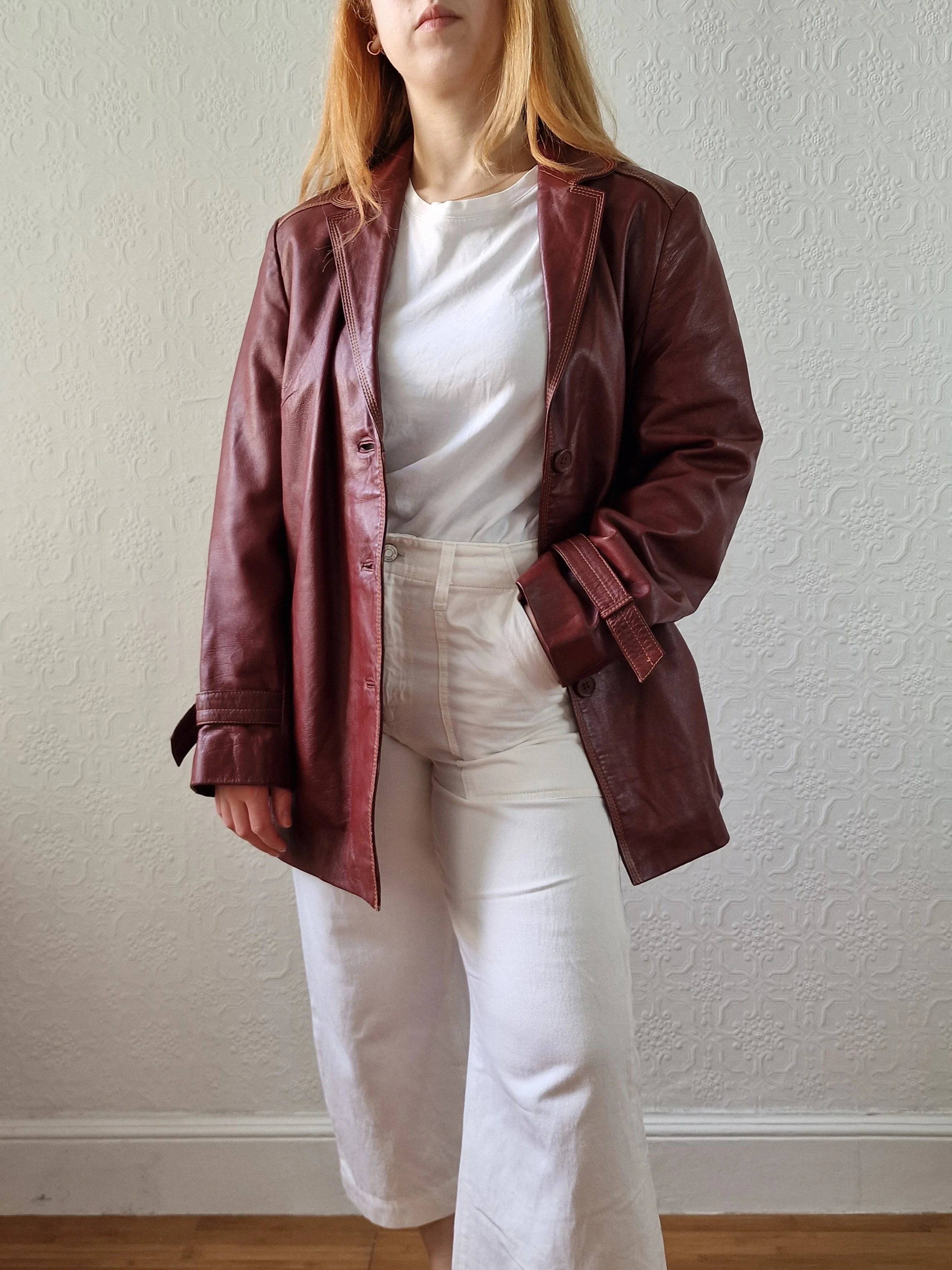 Vintage 80s Dark Cherry Red Genuine Leather Jacket with Belt - M - Image 4