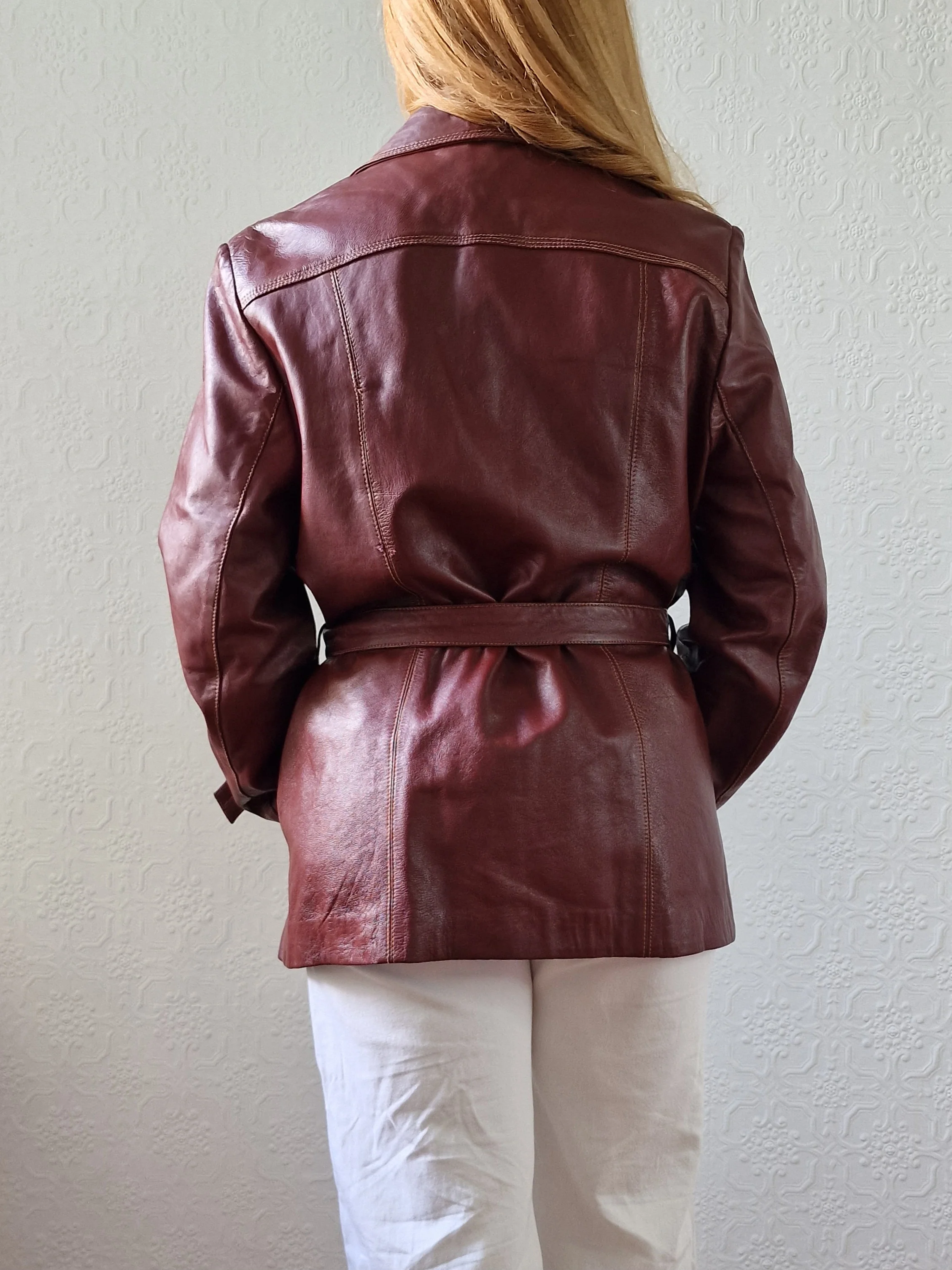 Vintage 80s Dark Cherry Red Genuine Leather Jacket with Belt - M - Image 5