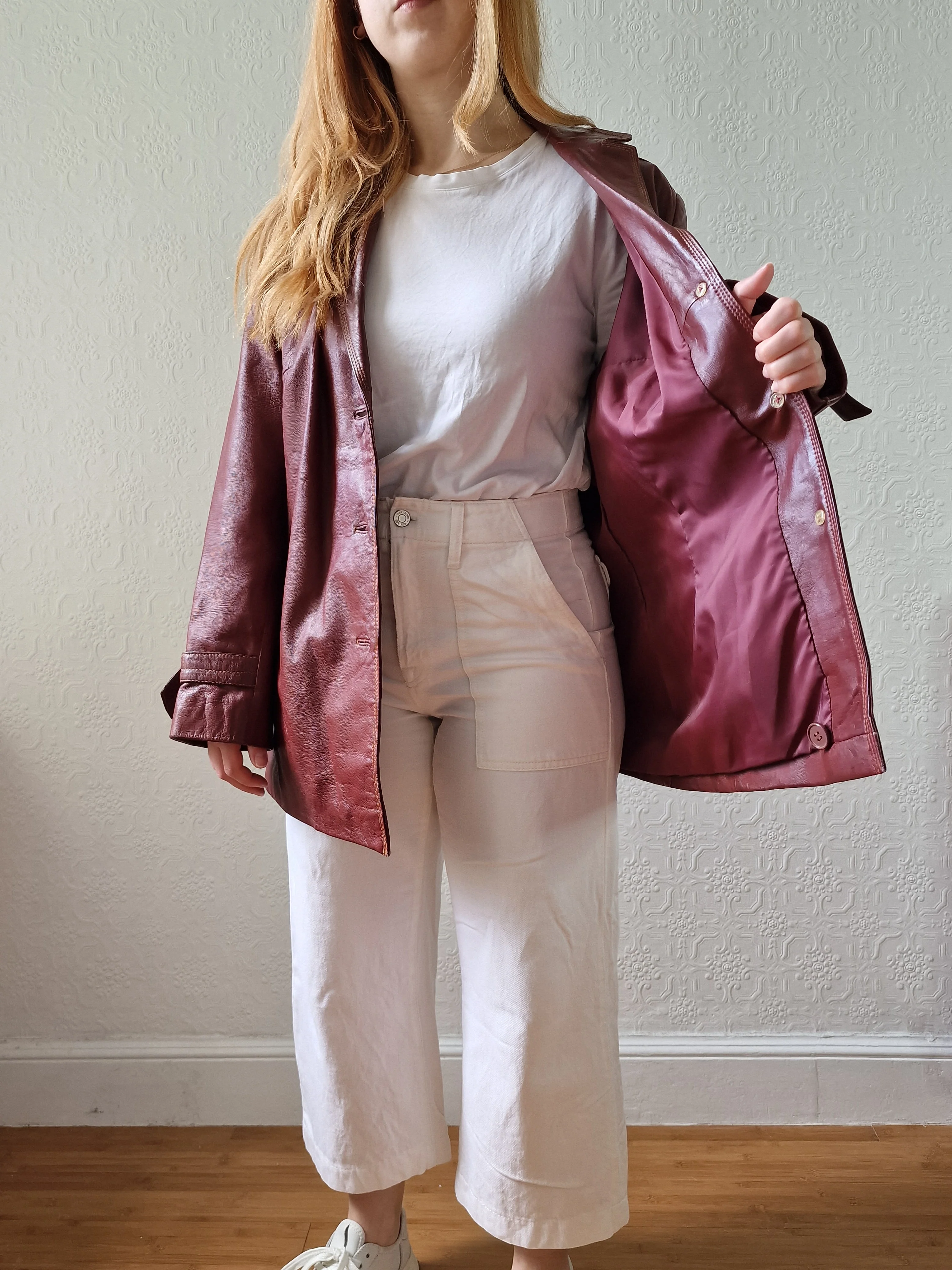 Vintage 80s Dark Cherry Red Genuine Leather Jacket with Belt - M - Image 6