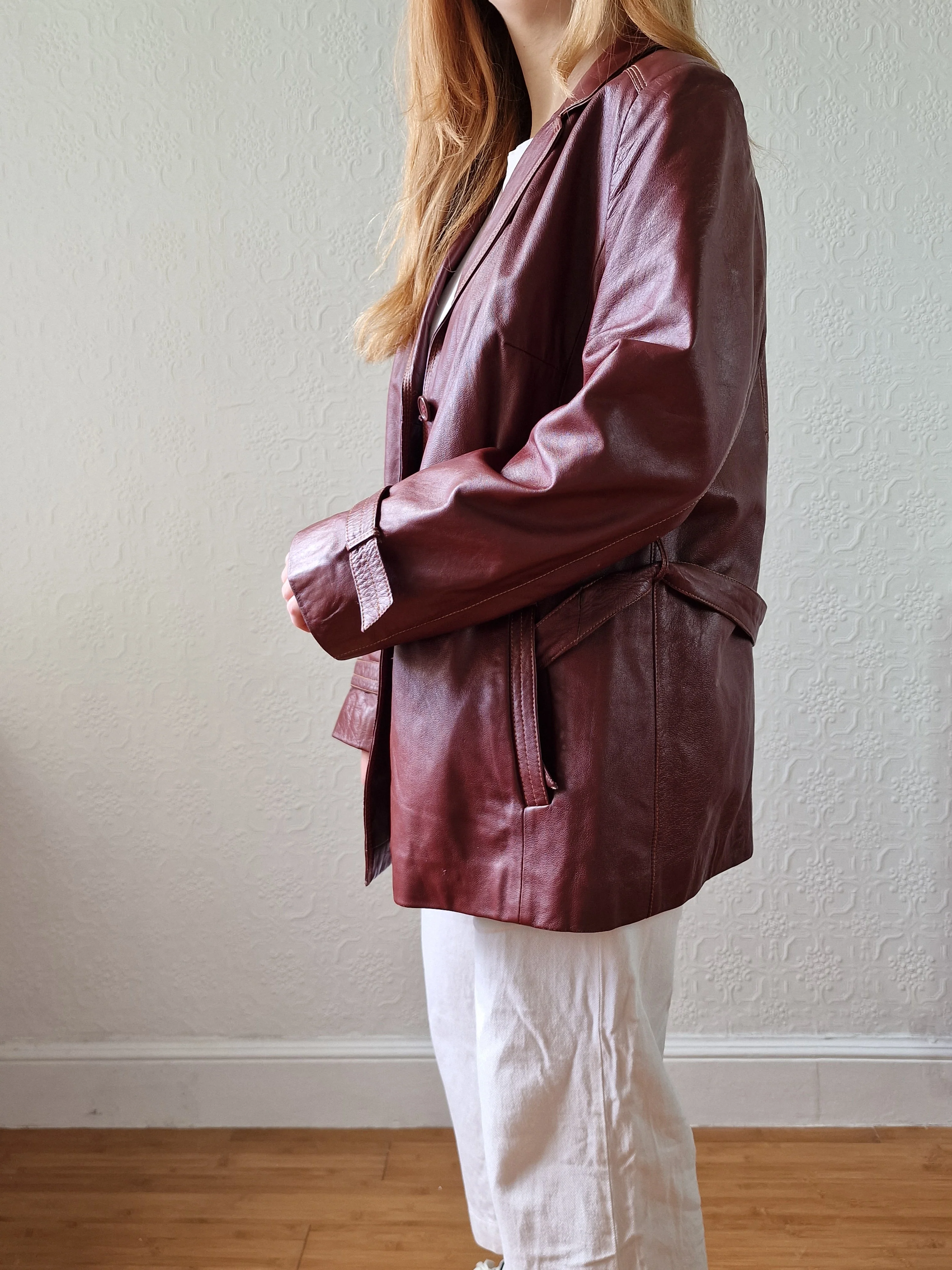 Vintage 80s Dark Cherry Red Genuine Leather Jacket with Belt - M - Image 7