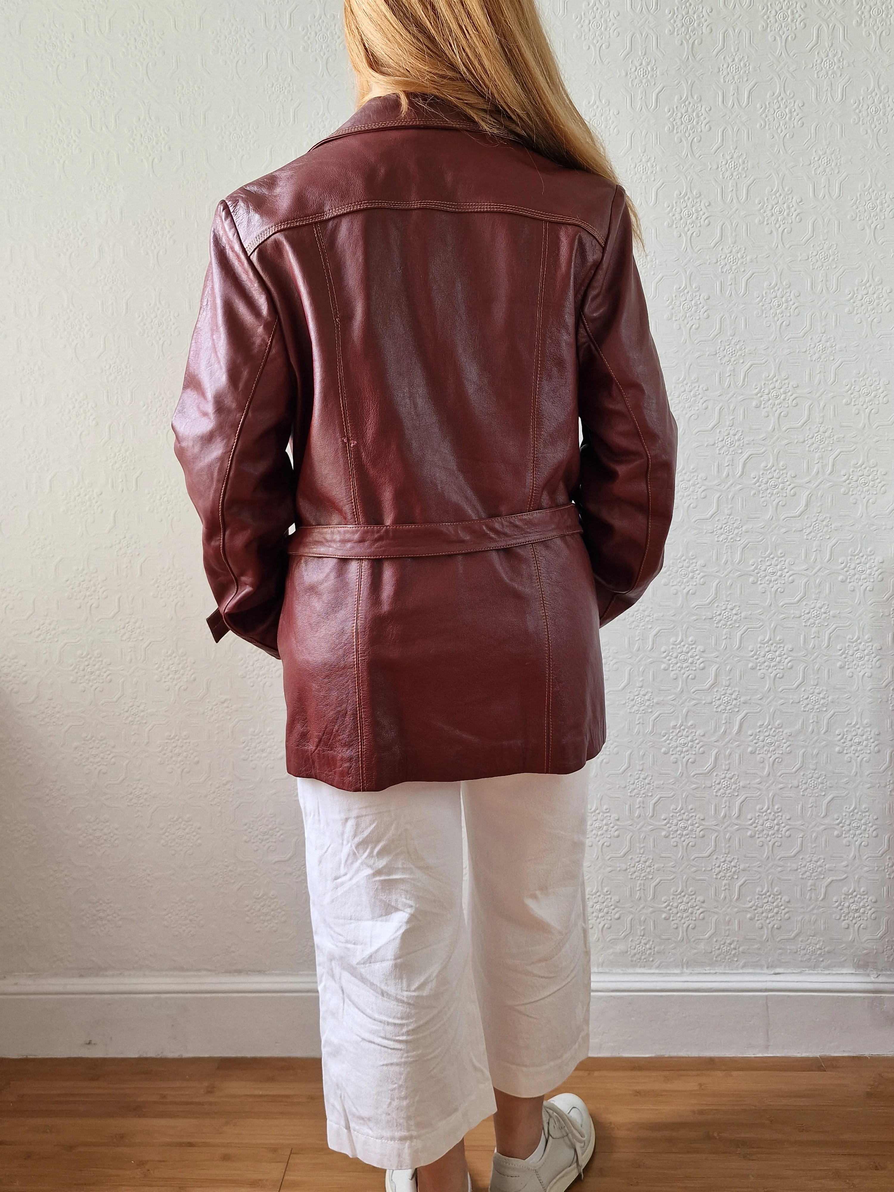 Vintage 80s Dark Cherry Red Genuine Leather Jacket with Belt - M - Image 8