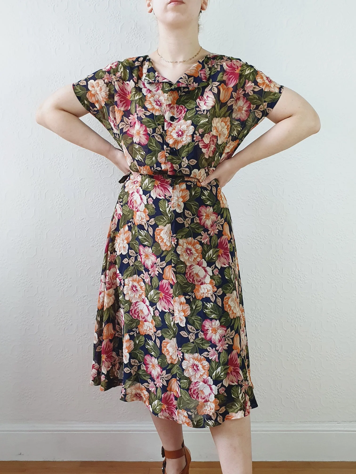 Vintage 80s Dark Navy Floral Dress with Cap Sleeves - S/M