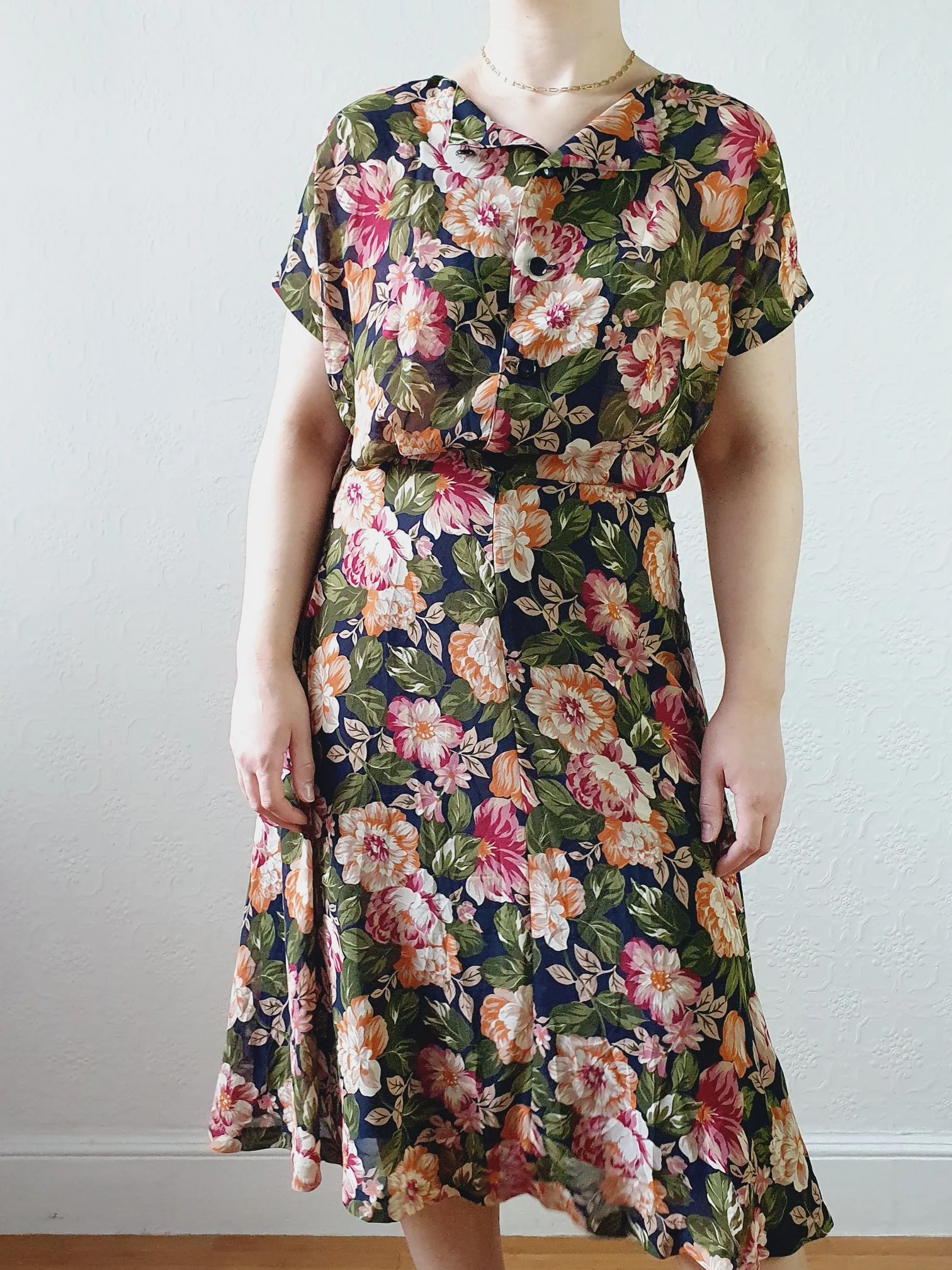 Vintage 80s Dark Navy Floral Dress with Cap Sleeves - S/M - Image 10
