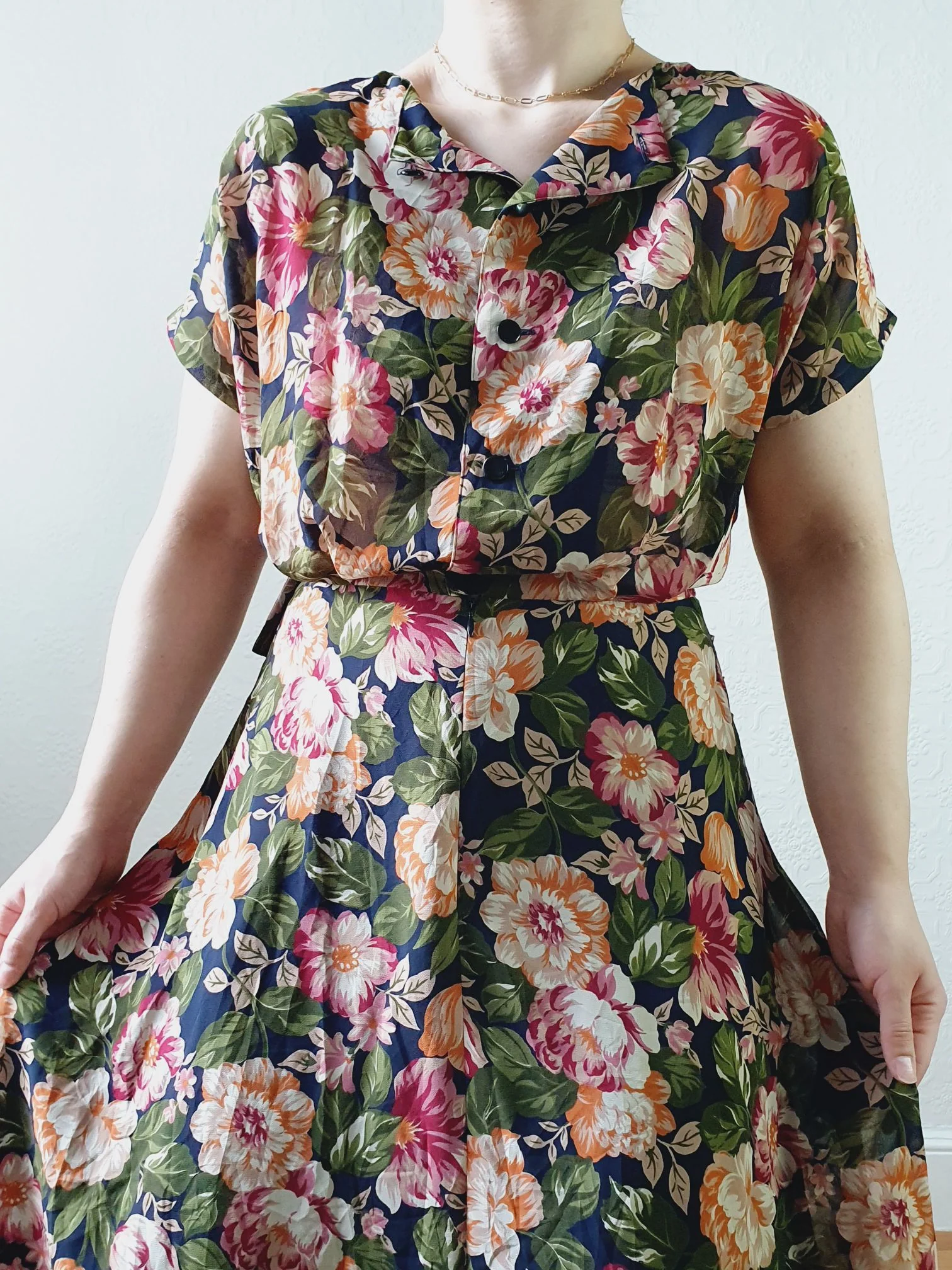 Vintage 80s Dark Navy Floral Dress with Cap Sleeves - S/M - Image 11