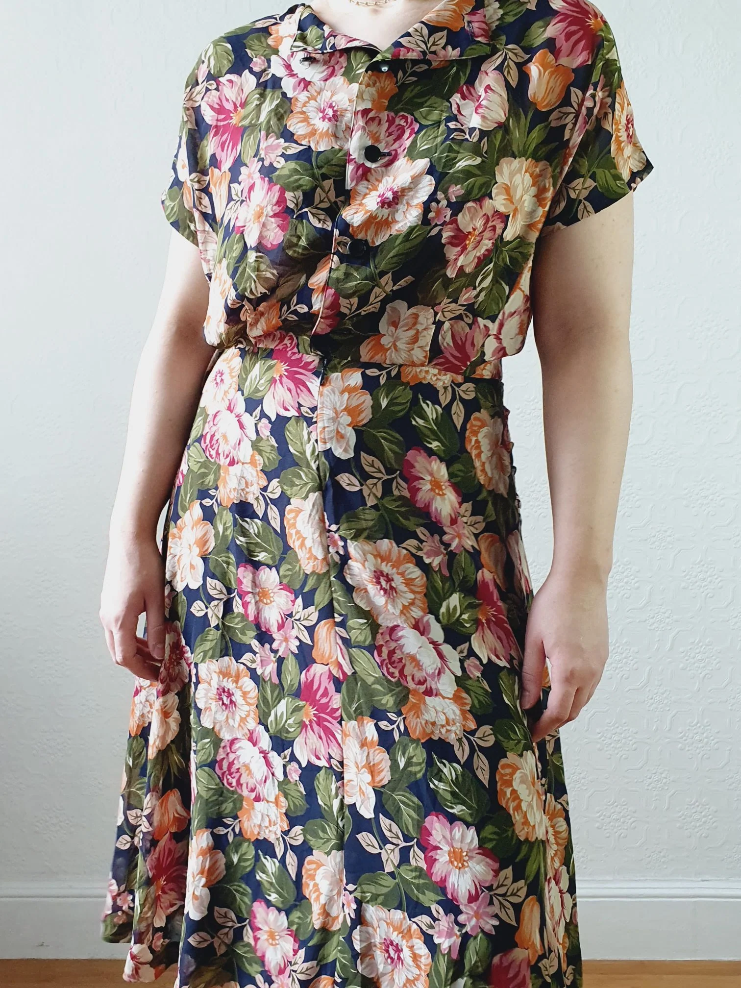 Vintage 80s Dark Navy Floral Dress with Cap Sleeves - S/M - Image 12