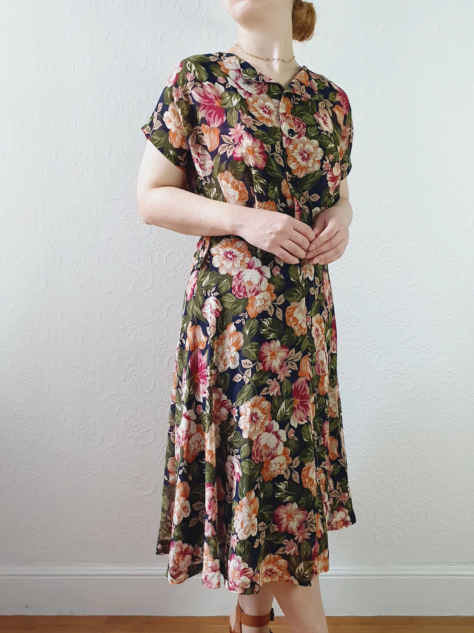 Vintage 80s Dark Navy Floral Dress with Cap Sleeves - S/M - Image 13