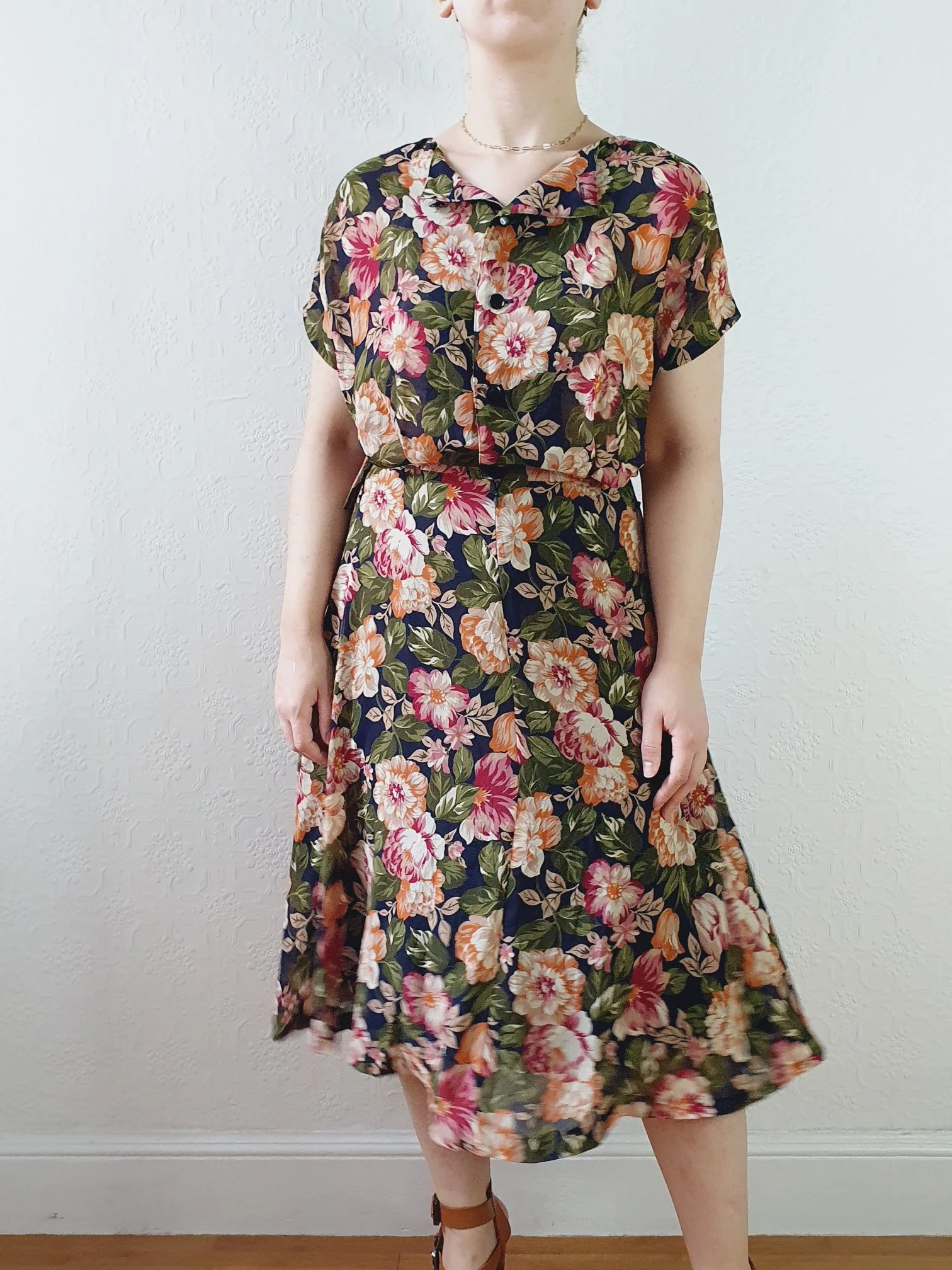 Vintage 80s Dark Navy Floral Dress with Cap Sleeves - S/M - Image 2