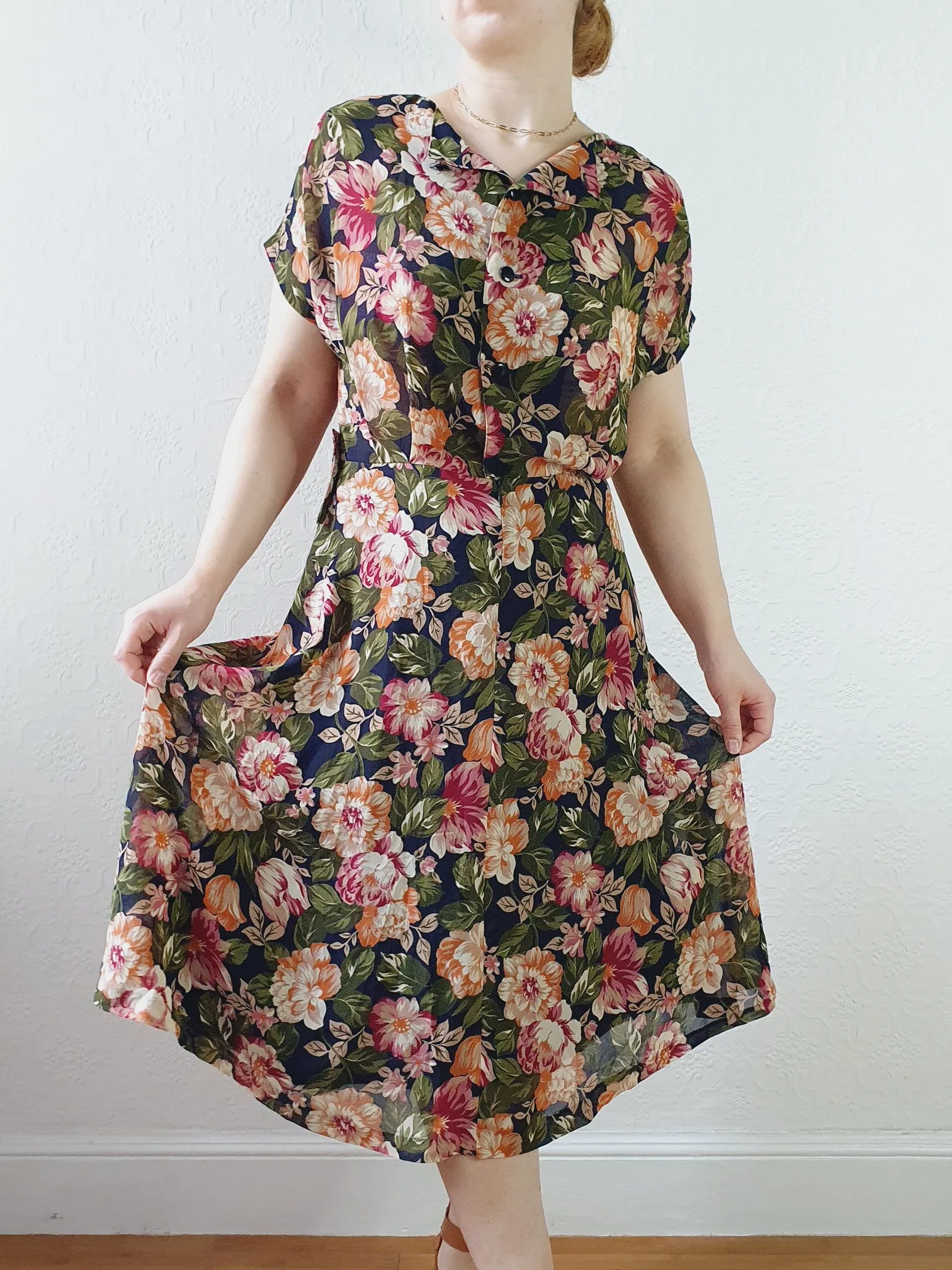 Vintage 80s Dark Navy Floral Dress with Cap Sleeves - S/M - Image 3