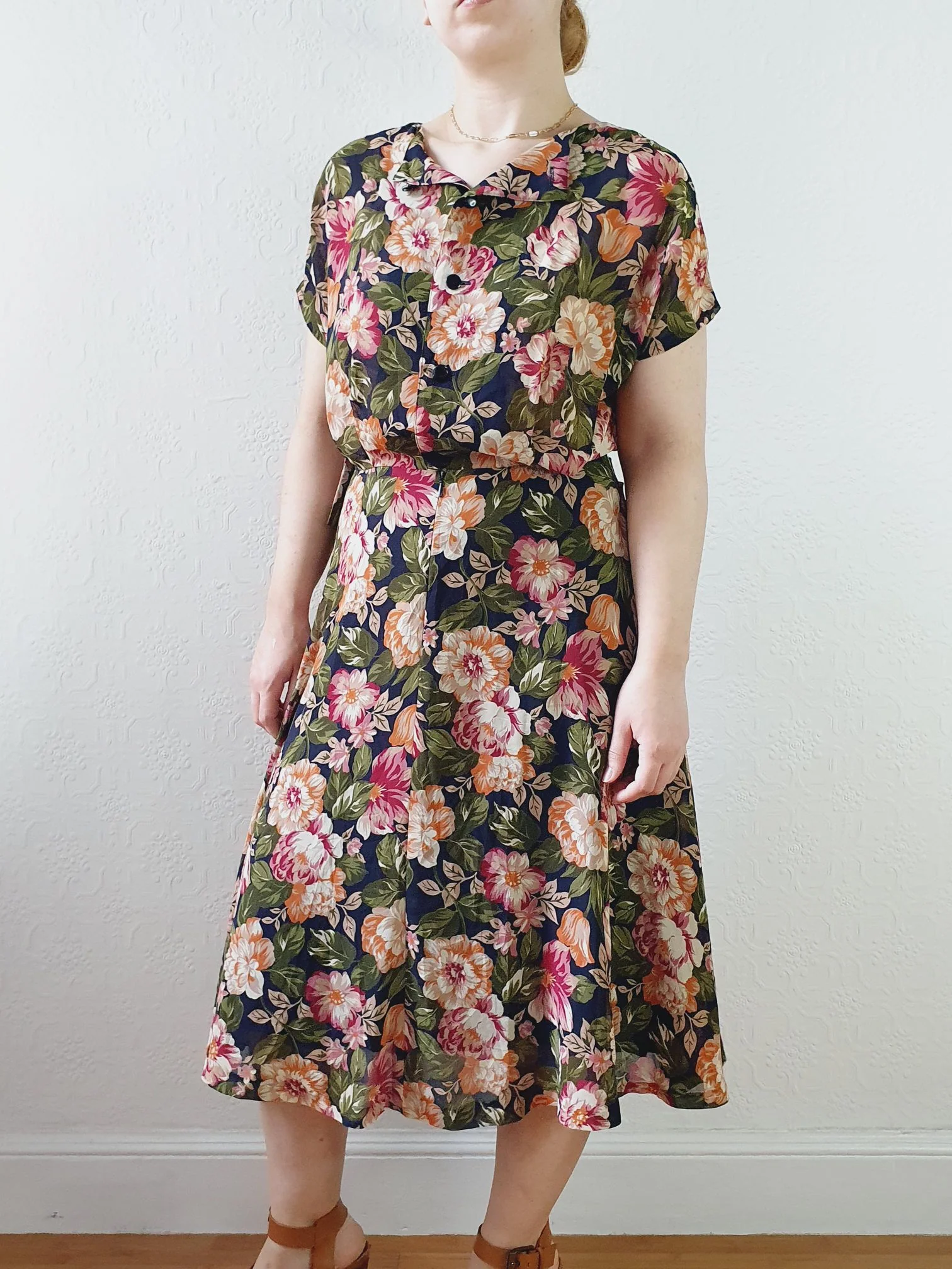 Vintage 80s Dark Navy Floral Dress with Cap Sleeves - S/M - Image 4
