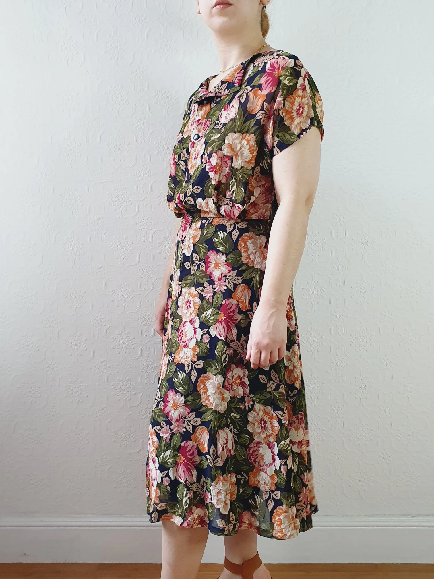 Vintage 80s Dark Navy Floral Dress with Cap Sleeves - S/M - Image 5