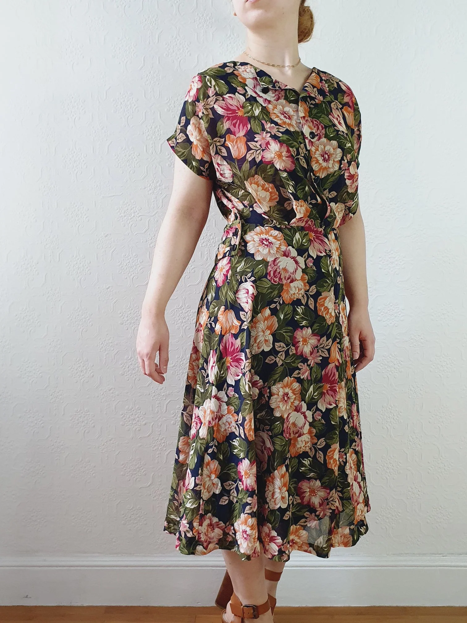 Vintage 80s Dark Navy Floral Dress with Cap Sleeves - S/M - Image 7