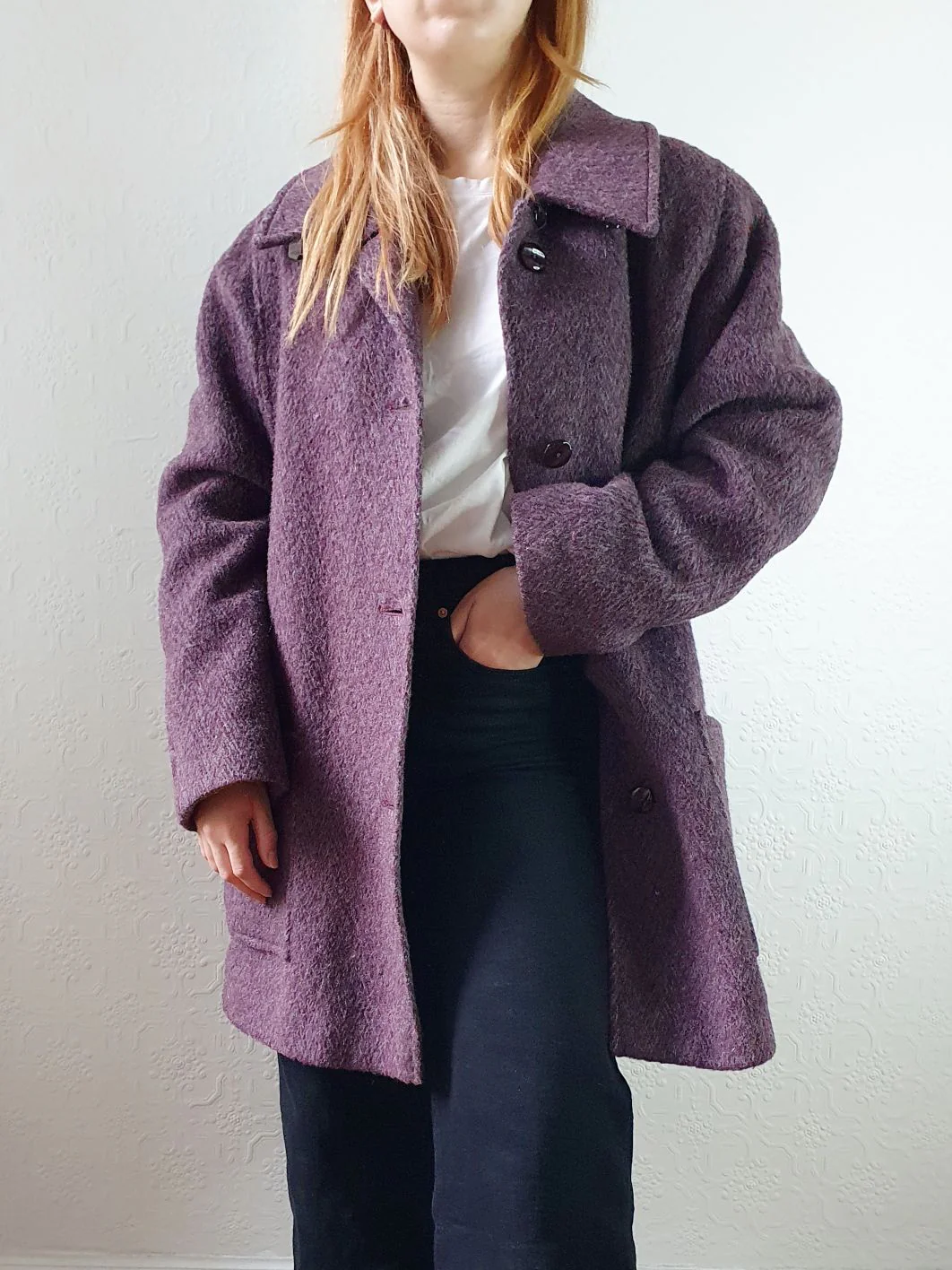 Vintage 80s Dark Purple Wool Single Breasted Short Coat - M