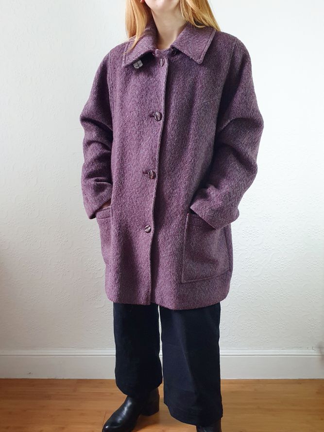 Vintage 80s Dark Purple Wool Single Breasted Short Coat - M - Image 10