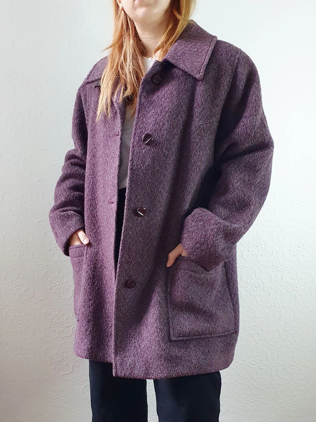 Vintage 80s Dark Purple Wool Single Breasted Short Coat - M - Image 3