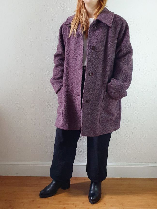 Vintage 80s Dark Purple Wool Single Breasted Short Coat - M - Image 4