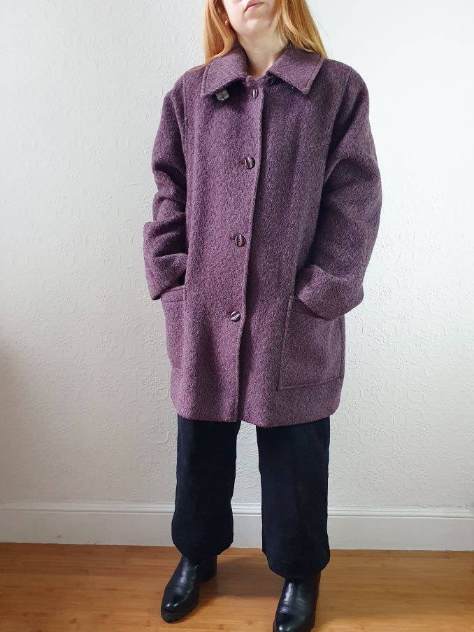 Vintage 80s Dark Purple Wool Single Breasted Short Coat - M - Image 9