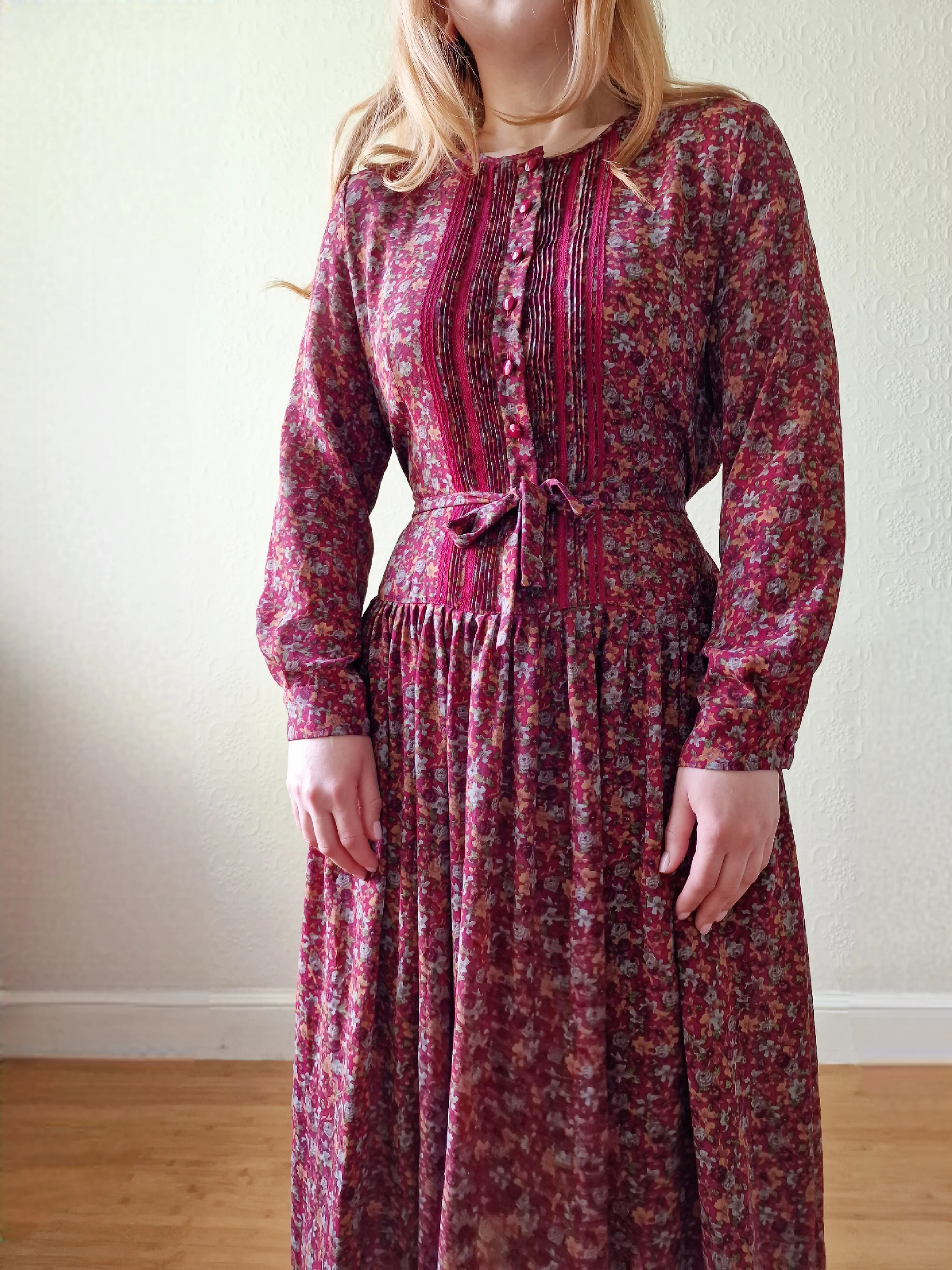 Vintage 80s Dark Red Midi Dress with Long Sleeves - S/M - Image 2