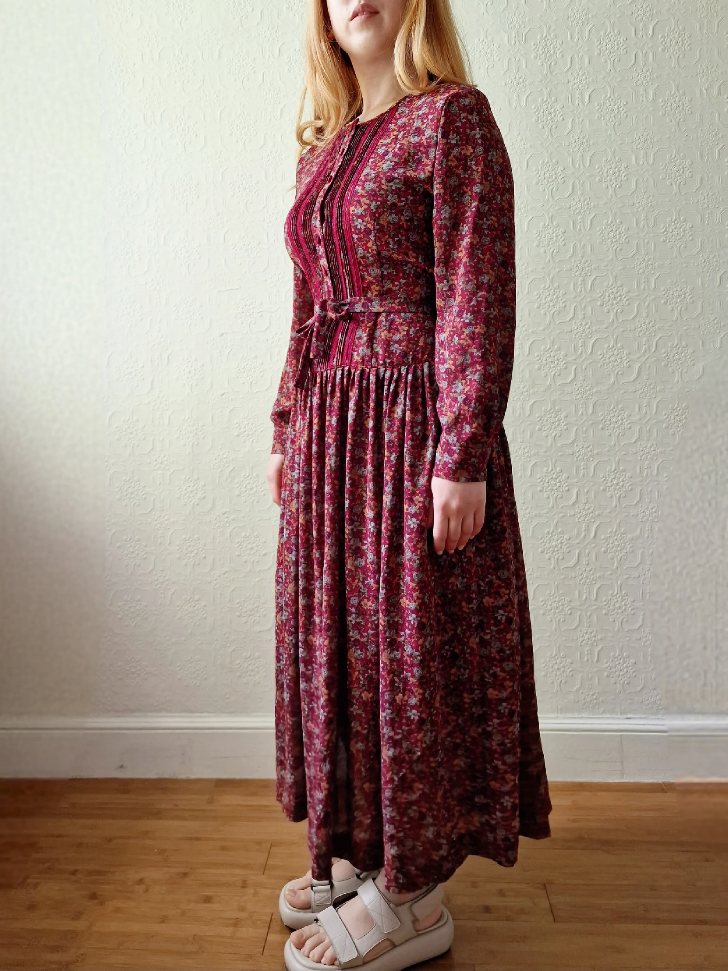 Vintage 80s Dark Red Midi Dress with Long Sleeves - S/M - Image 3