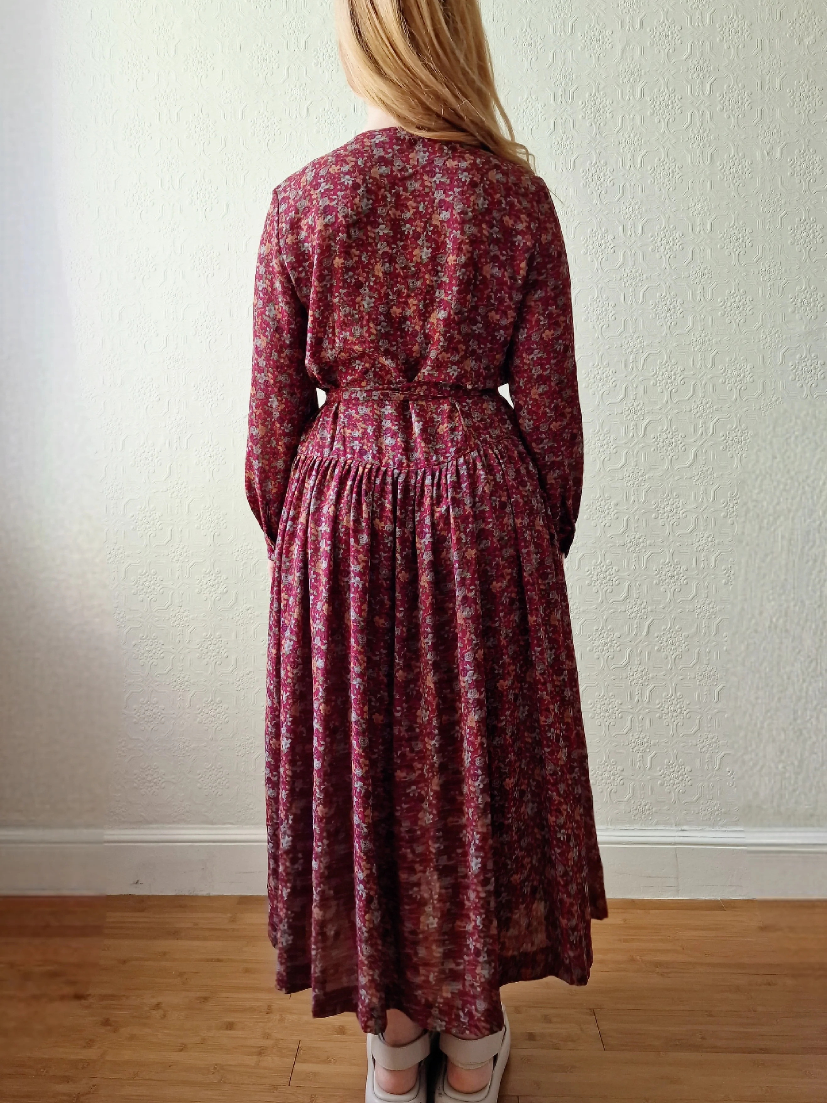 Vintage 80s Dark Red Midi Dress with Long Sleeves - S/M - Image 4
