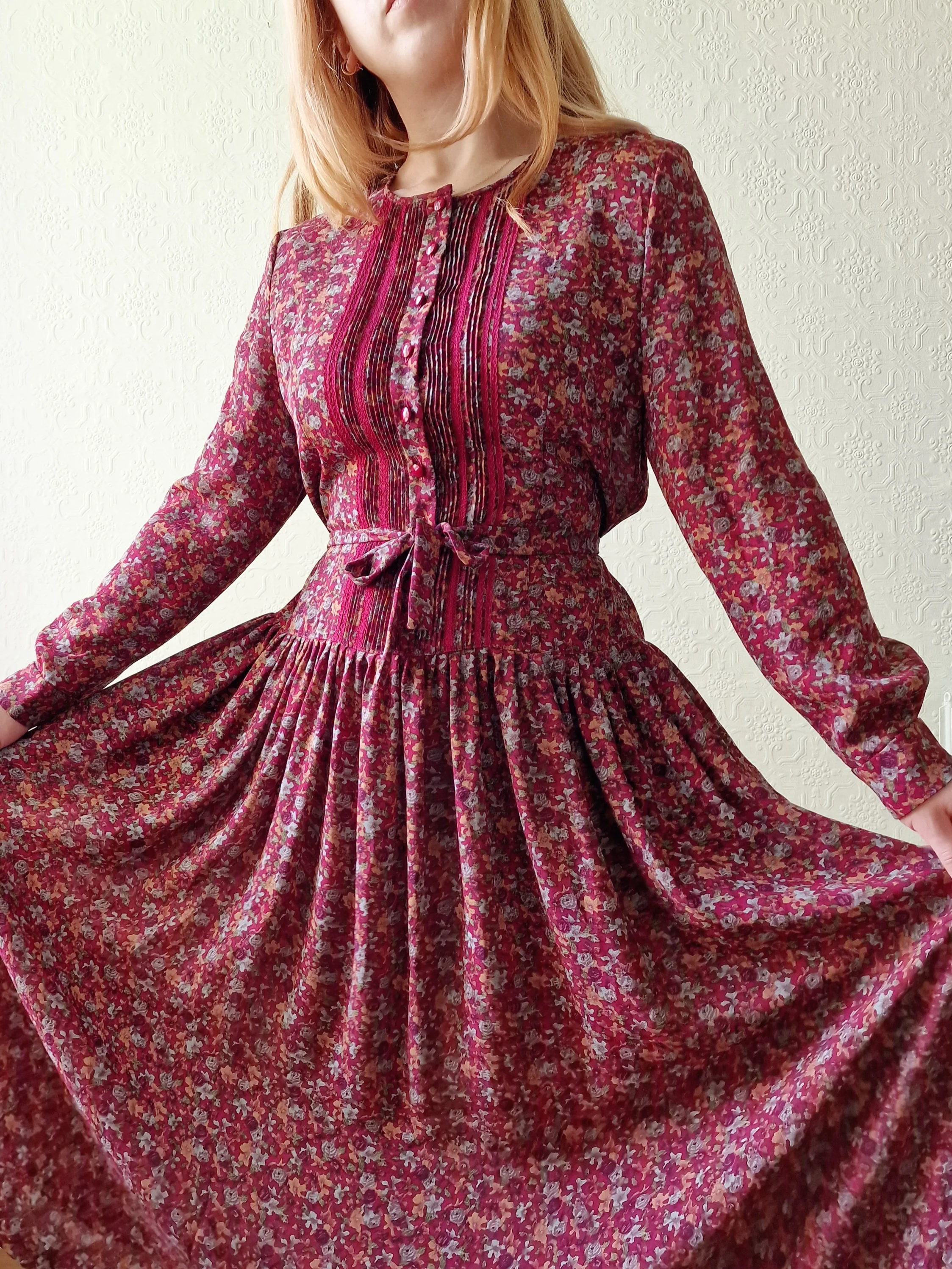 Vintage 80s Dark Red Midi Dress with Long Sleeves - S/M - Image 5