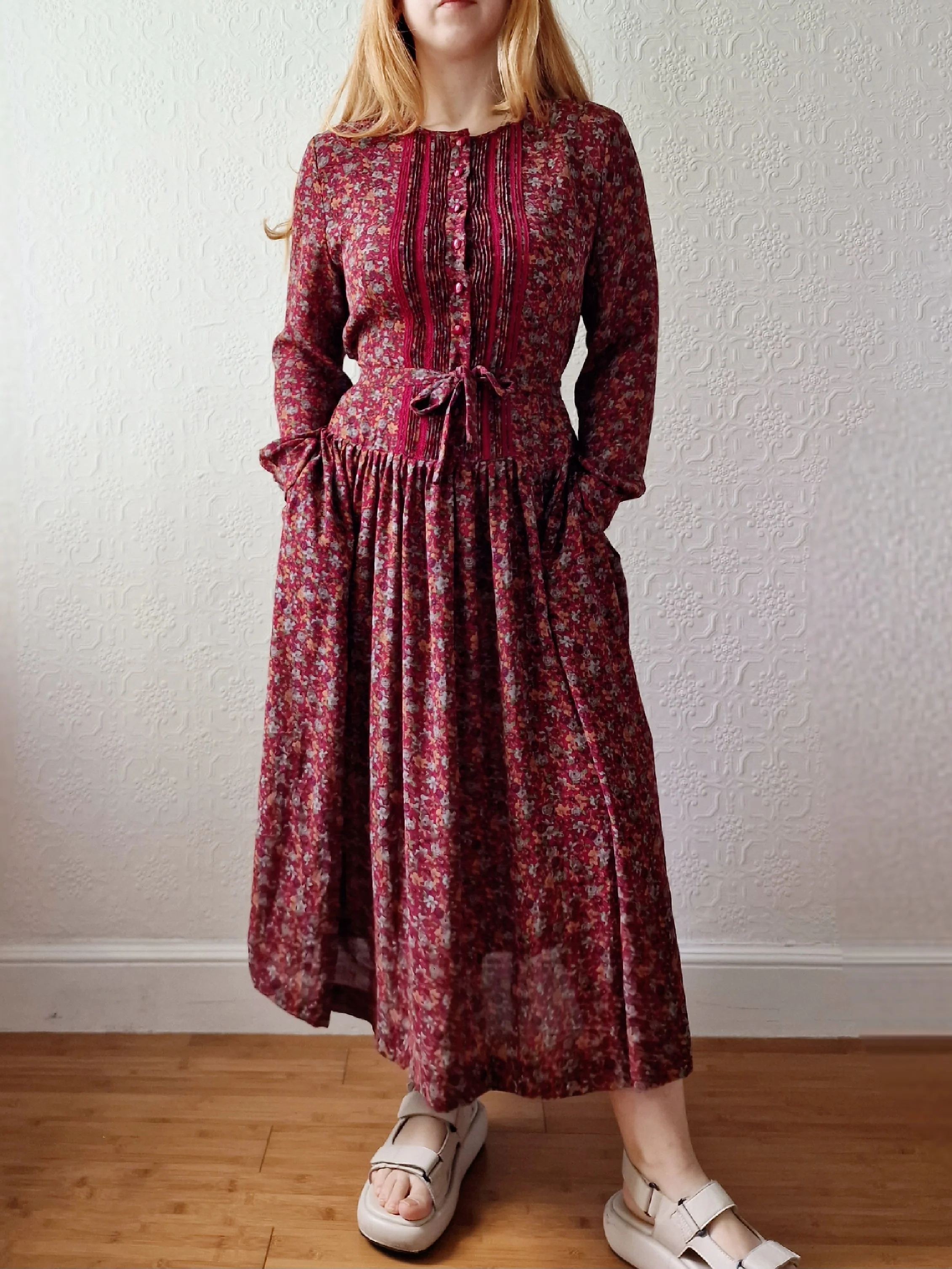 Vintage 80s Dark Red Midi Dress with Long Sleeves - S/M - Image 6